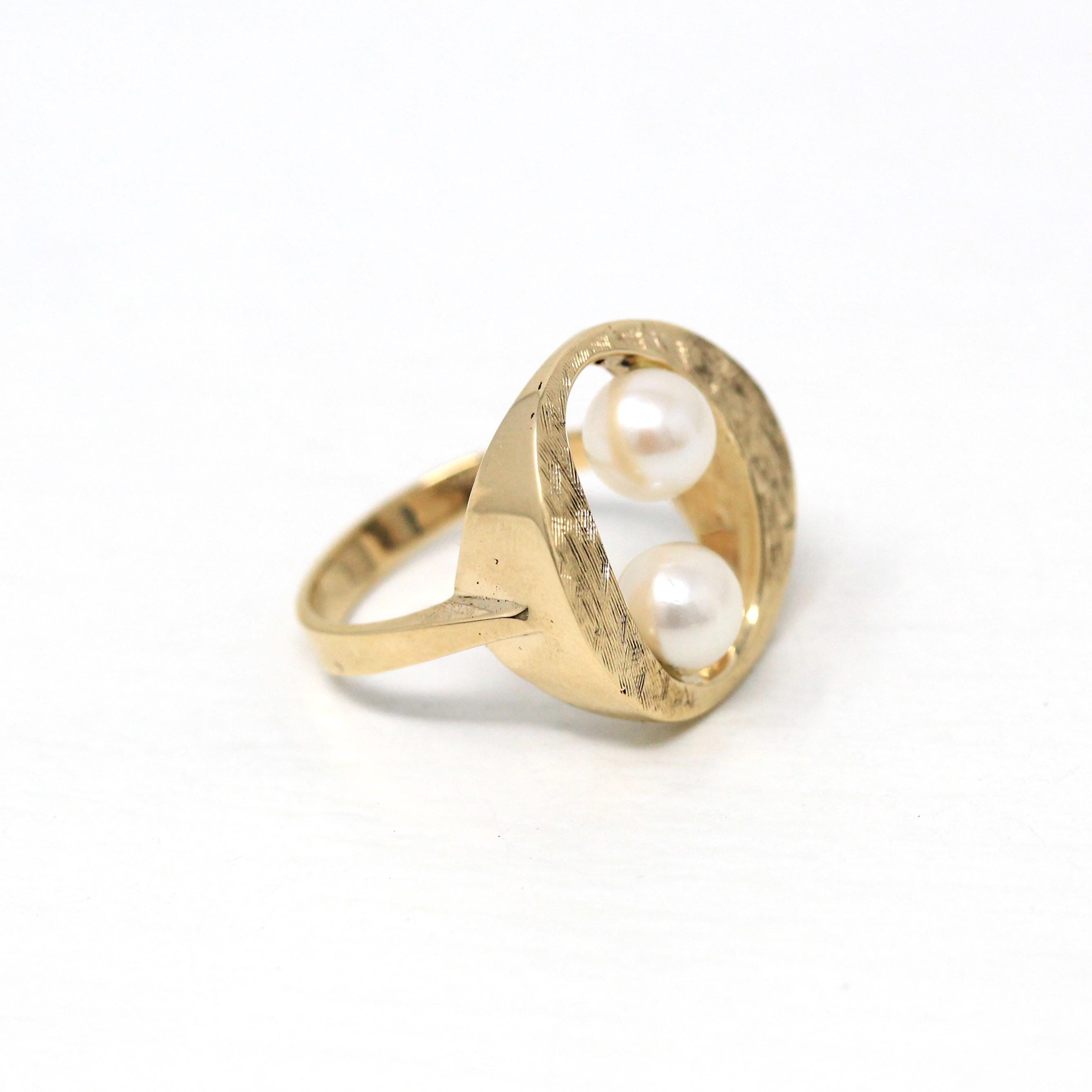 Two Stone Ring - Retro 10k Yellow Gold Oval Circle Brushed Finish - Vintage Circa 1960s Size 4 3/4 New Old Stock Cultured Pearl Fine Jewelry