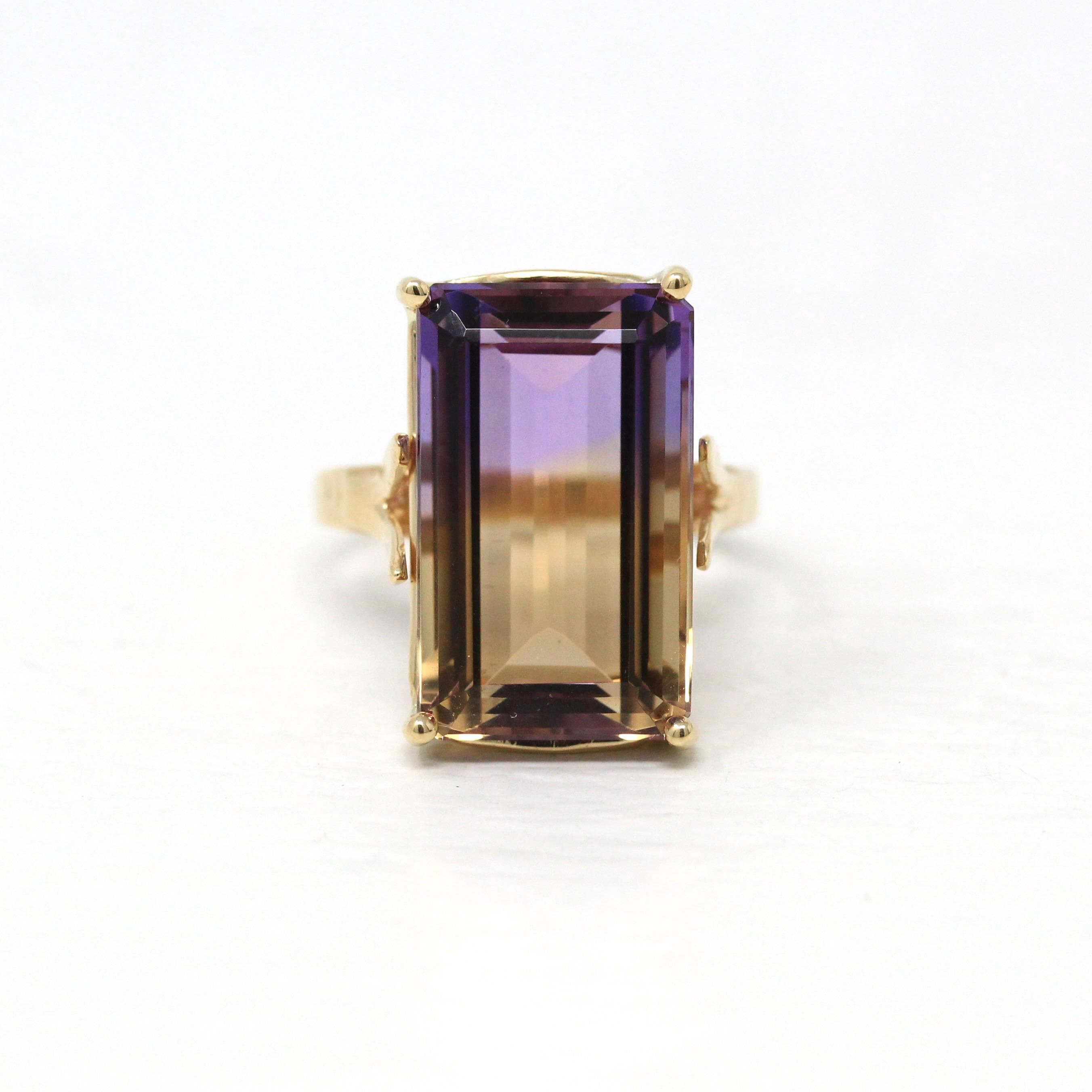 Genuine Ametrine Ring - Modern 14k Yellow Gold Purple Yellow 11.19 CT Gem - Estate Circa 2000's Era Size 6 3/4 Bi-Color Fine Y2K Jewelry