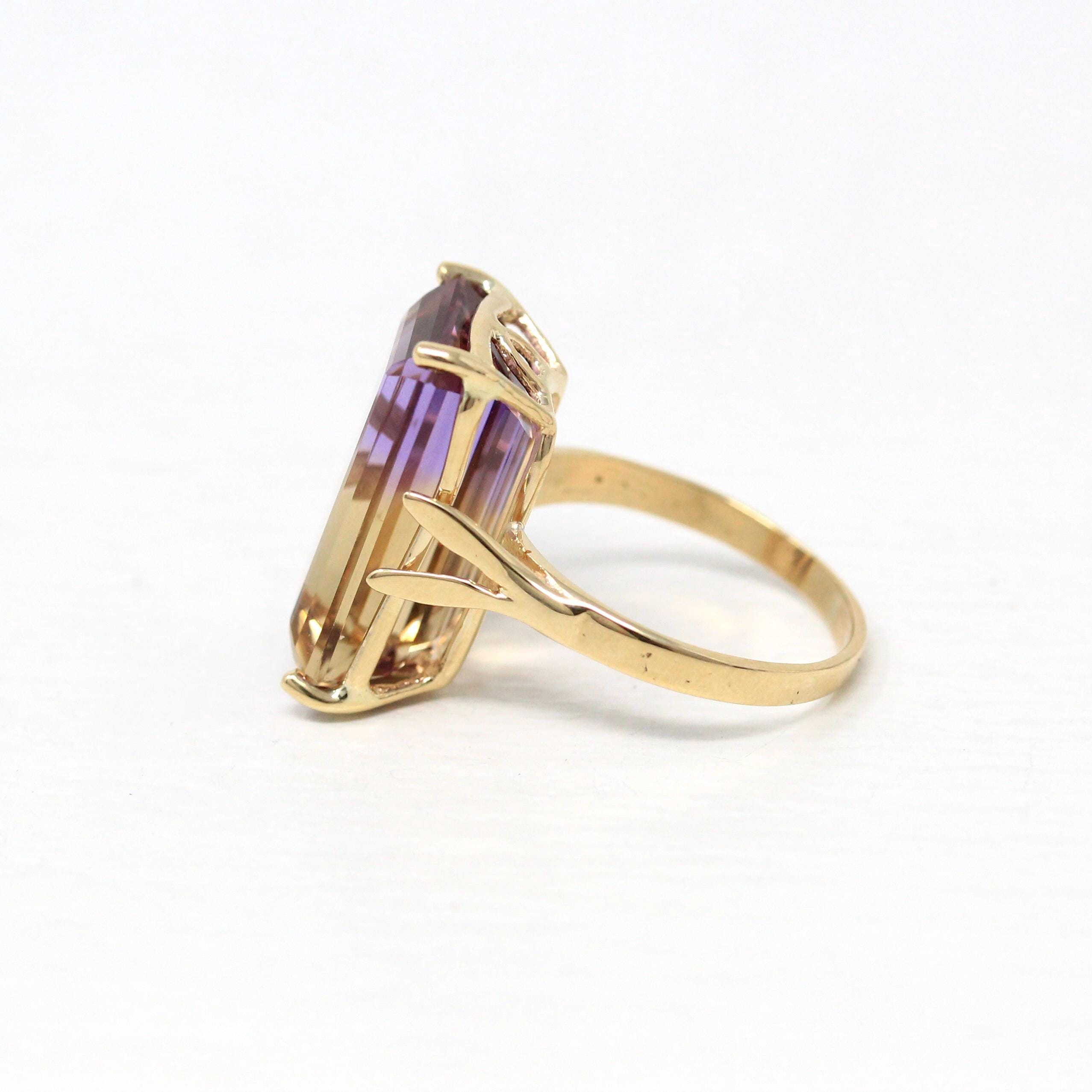 Genuine Ametrine Ring - Modern 14k Yellow Gold Purple Yellow 11.19 CT Gem - Estate Circa 2000's Era Size 6 3/4 Bi-Color Fine Y2K Jewelry