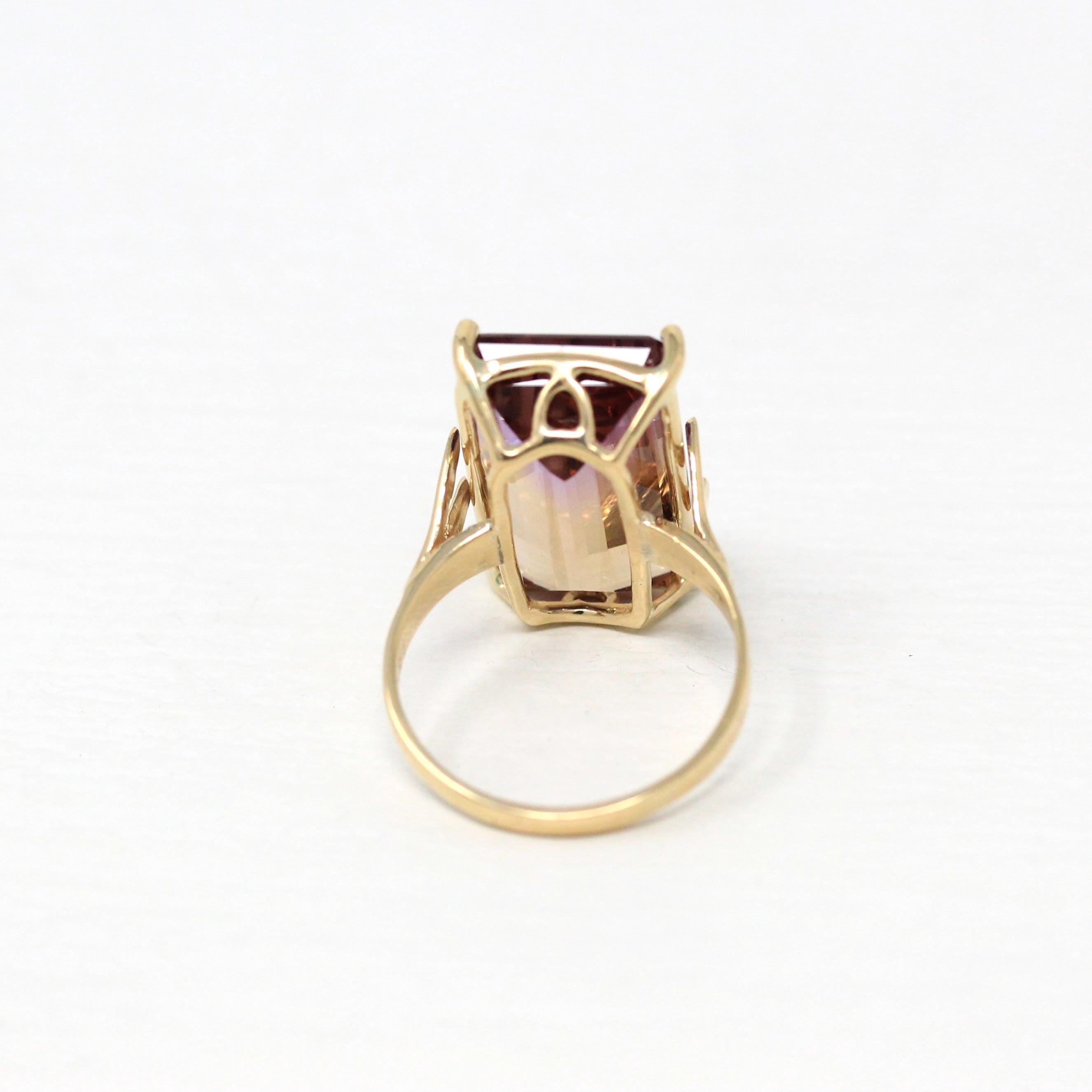 Genuine Ametrine Ring - Modern 14k Yellow Gold Purple Yellow 11.19 CT Gem - Estate Circa 2000's Era Size 6 3/4 Bi-Color Fine Y2K Jewelry