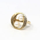 Cultured Pearl Ring - Retro 10k Yellow Gold Oval Circle Brushed Finish - Vintage Circa 1960s Era Size 5 New Old Stock Statement Fine Jewelry