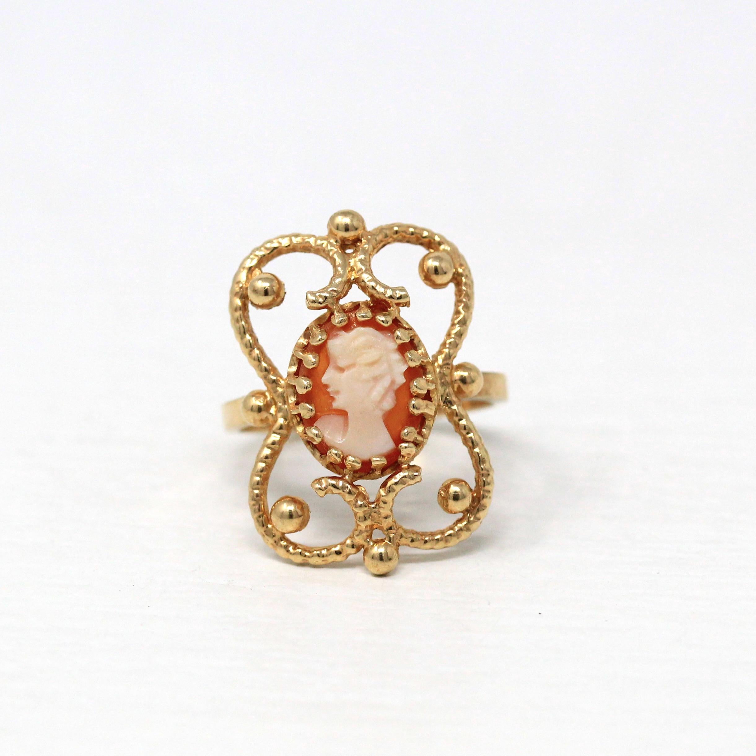 Vintage Cameo Ring - Retro 10k Yellow Gold Carved Shell Bead Studded Style - 1960s Era Size 5.5 Profile New Old Stock Statement Fine Jewelry