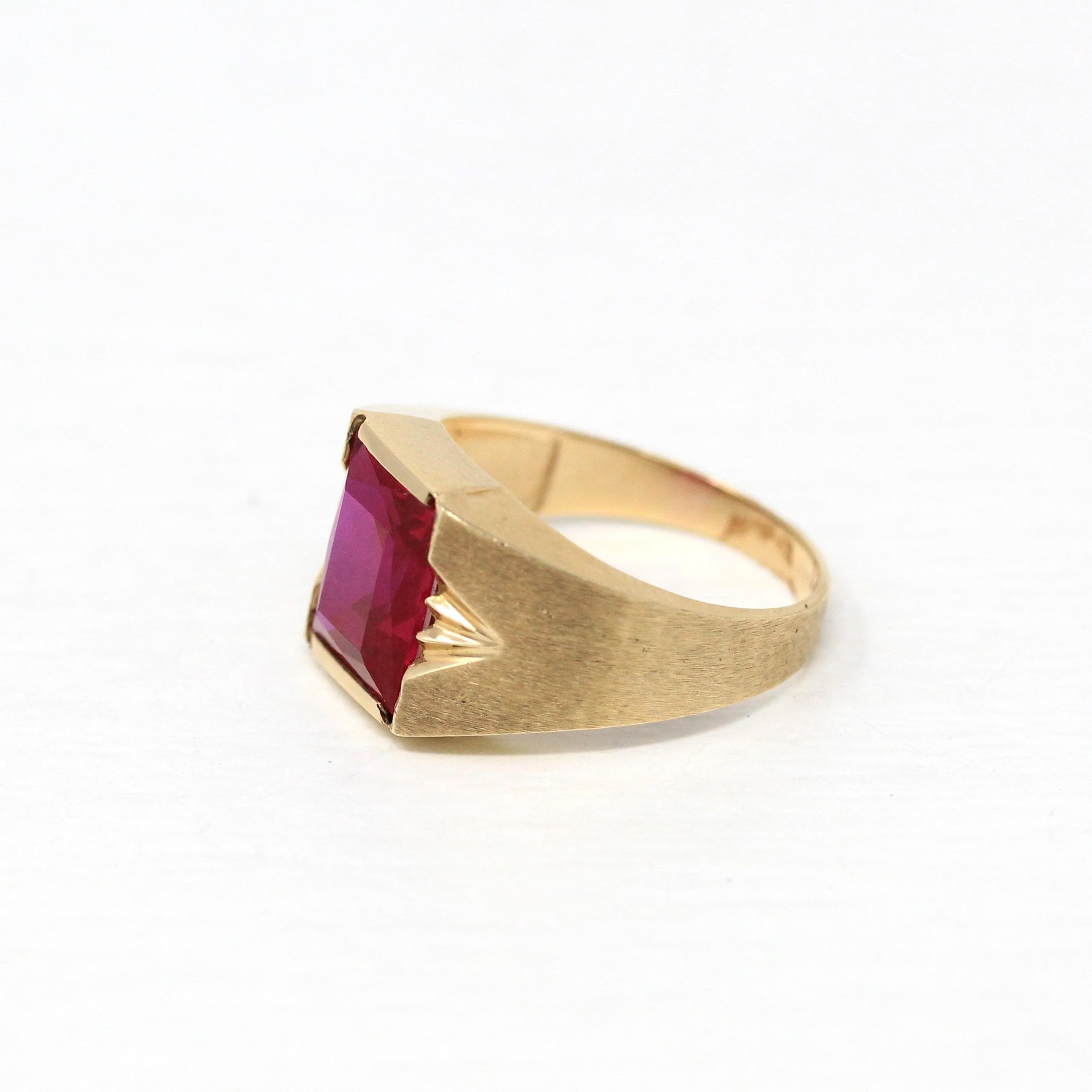 Created Ruby Ring - Retro 10k Yellow Gold Faceted Rectangular Stone - Vintage Circa 1960s Size 7 New Old Stock Unisex Statement Jewelry