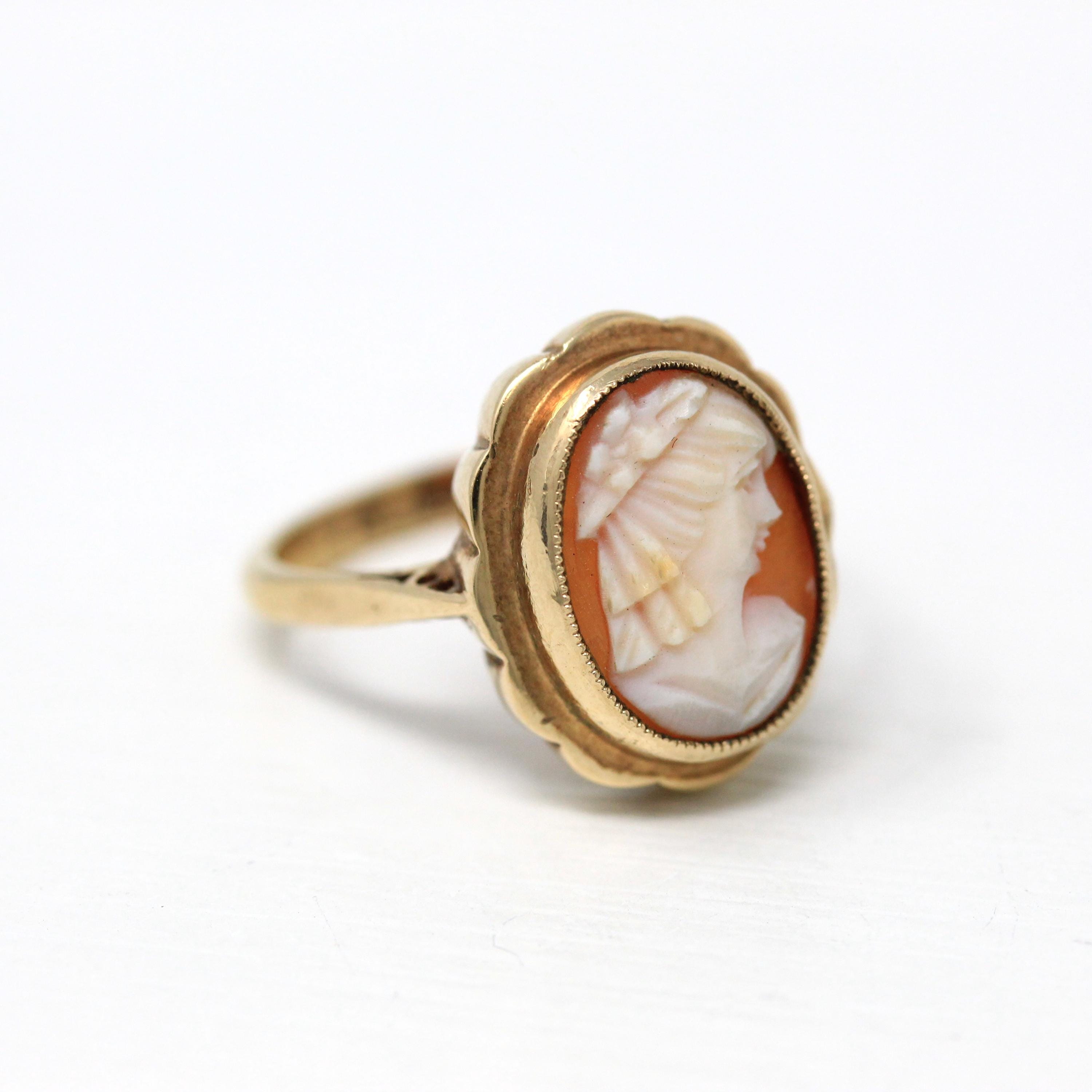 Vintage Cameo Ring - Retro 9k Yellow Gold Carved Genuine Oval Shell Woman Profile - Size 7 1/2 Dated 1975 Birmingham England Fine Jewelry