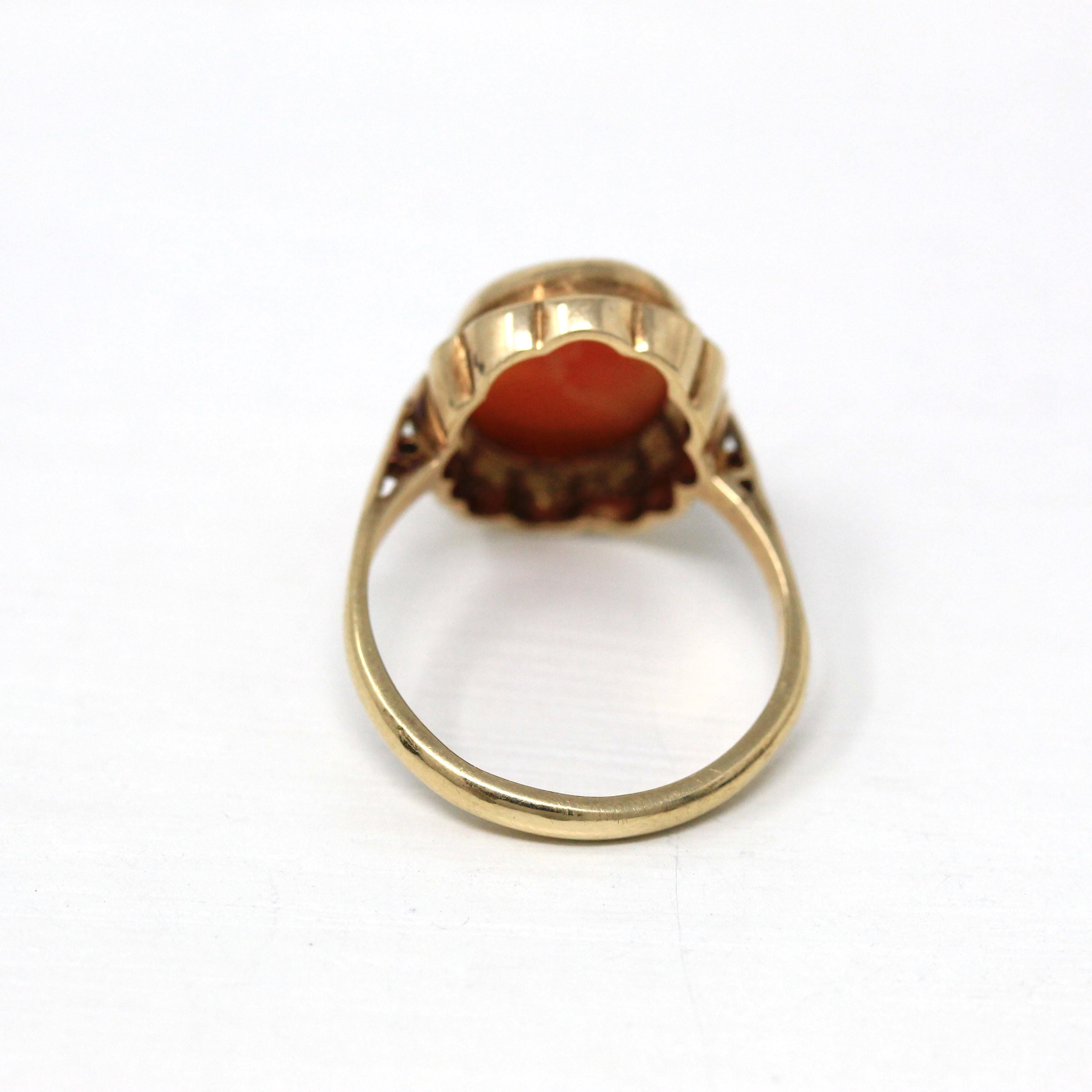 Vintage Cameo Ring - Retro 9k Yellow Gold Carved Genuine Oval Shell Woman Profile - Size 7 1/2 Dated 1975 Birmingham England Fine Jewelry