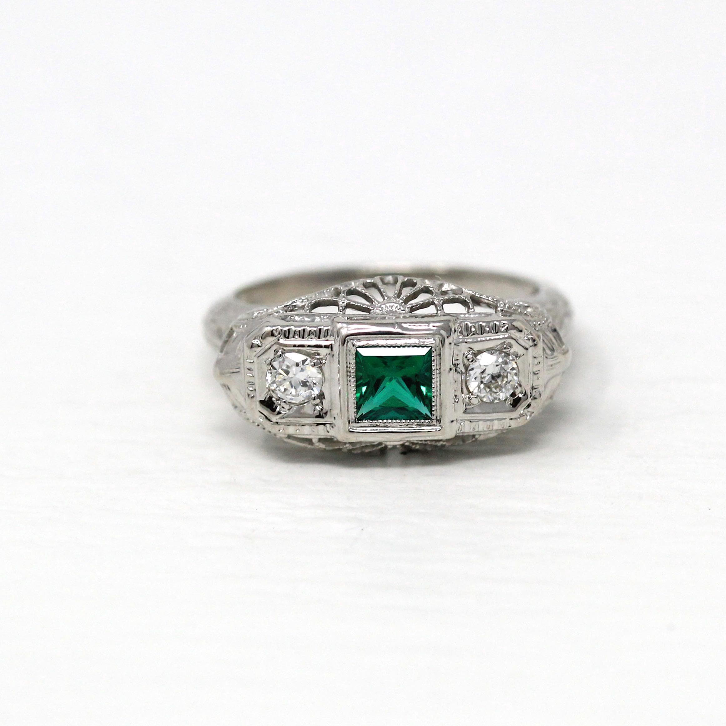 Art Deco Ring - Vintage 18k White Gold Created Emerald & Diamond Three Stone Band - 1930s Size 5 3/4 Filigree Three Stone Fine Jewelry