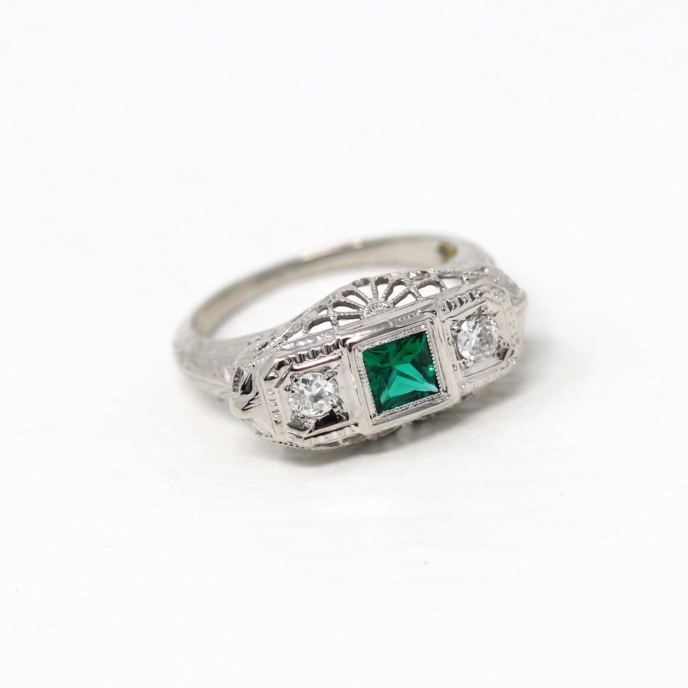 Art Deco Ring - Vintage 18k White Gold Created Emerald & Diamond Three Stone Band - 1930s Size 5 3/4 Filigree Three Stone Fine Jewelry