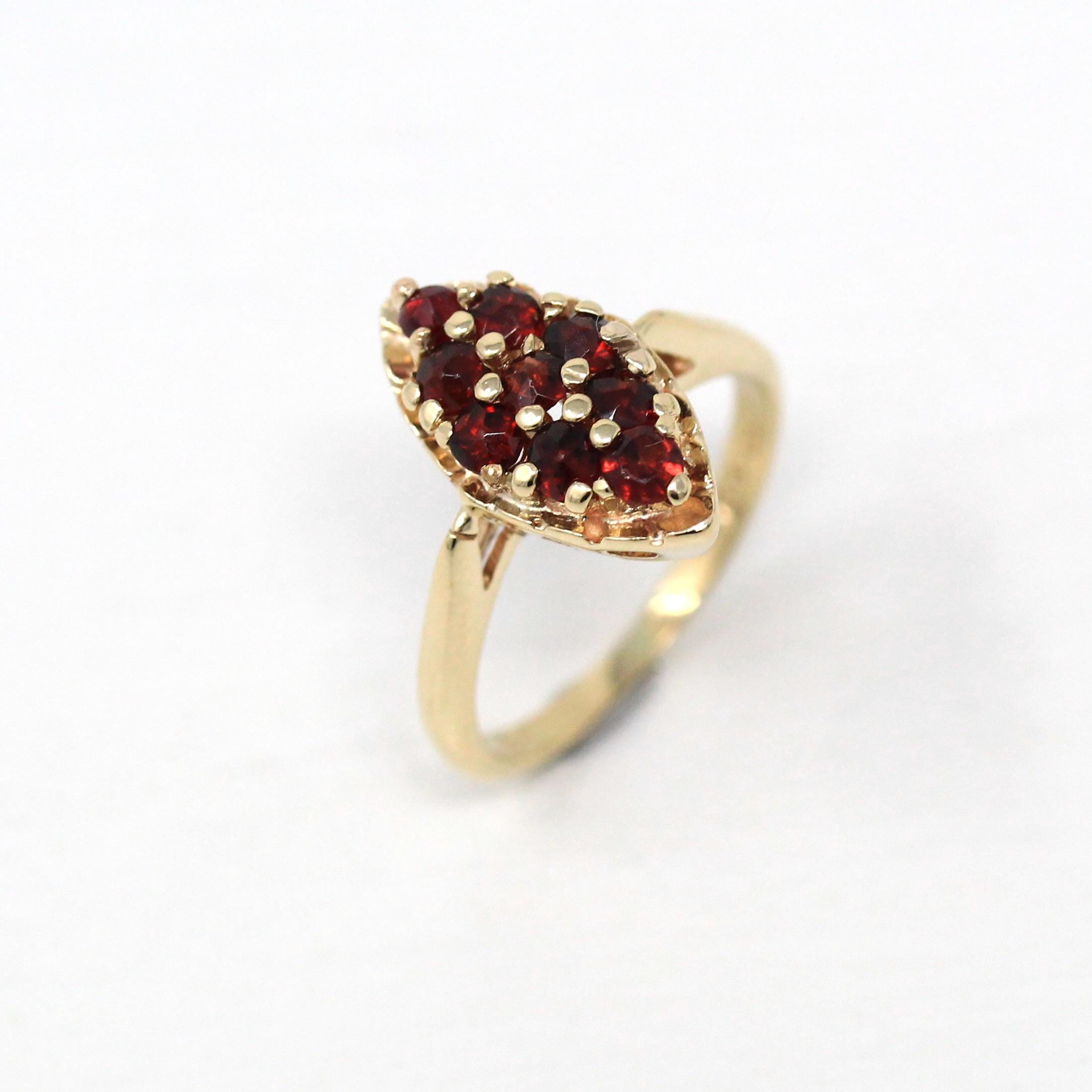 Genuine Garnet Cluster Ring - Retro 14k Yellow Gold Marquise Cluster Red Gems - Vintage Circa 1940s Era Size 4 3/4 January Fine Jewelry