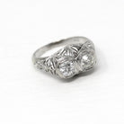 Vintage Diamond Ring - Art Deco Era 18k White Gold .81 CTW Filigree Two Stone Engagement - Antique 1930s Size 7 3/4 Anniversary Fine Jewelry