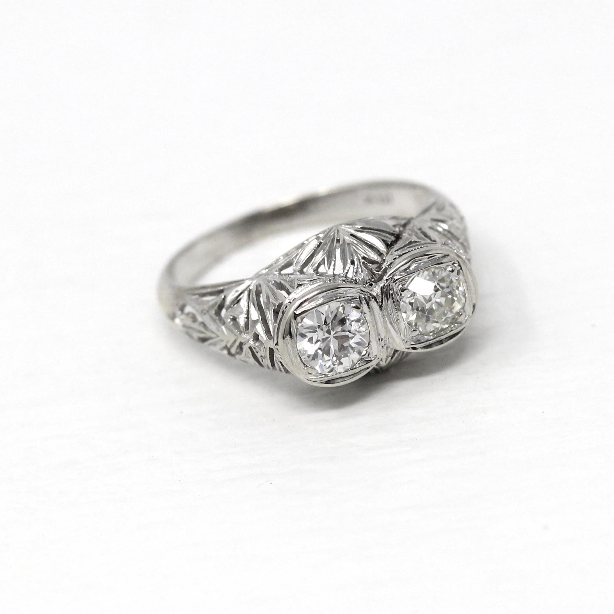 Vintage Diamond Ring - Art Deco Era 18k White Gold .81 CTW Filigree Two Stone Engagement - Antique 1930s Size 7 3/4 Anniversary Fine Jewelry