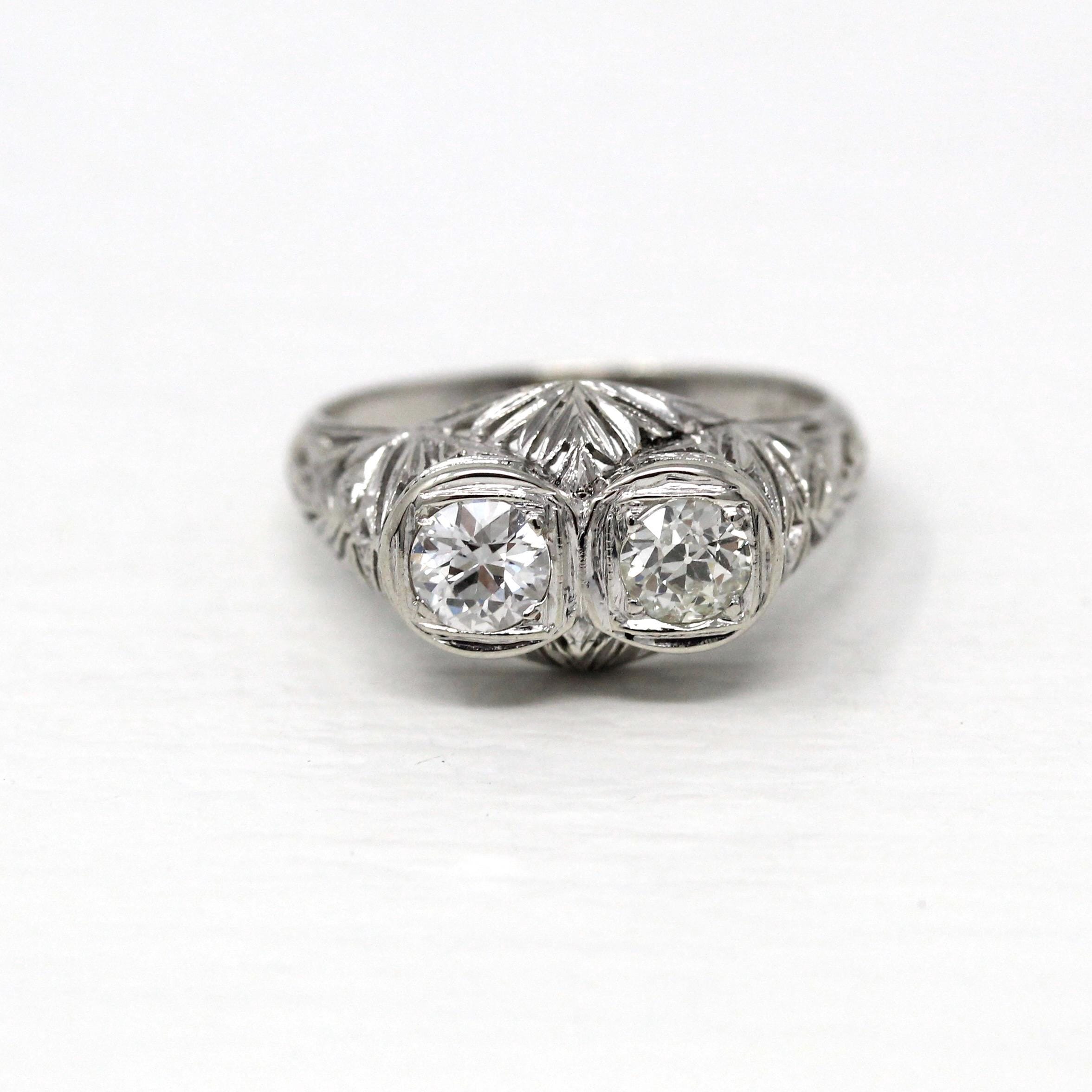 Vintage Diamond Ring - Art Deco Era 18k White Gold .81 CTW Filigree Two Stone Engagement - Antique 1930s Size 7 3/4 Anniversary Fine Jewelry