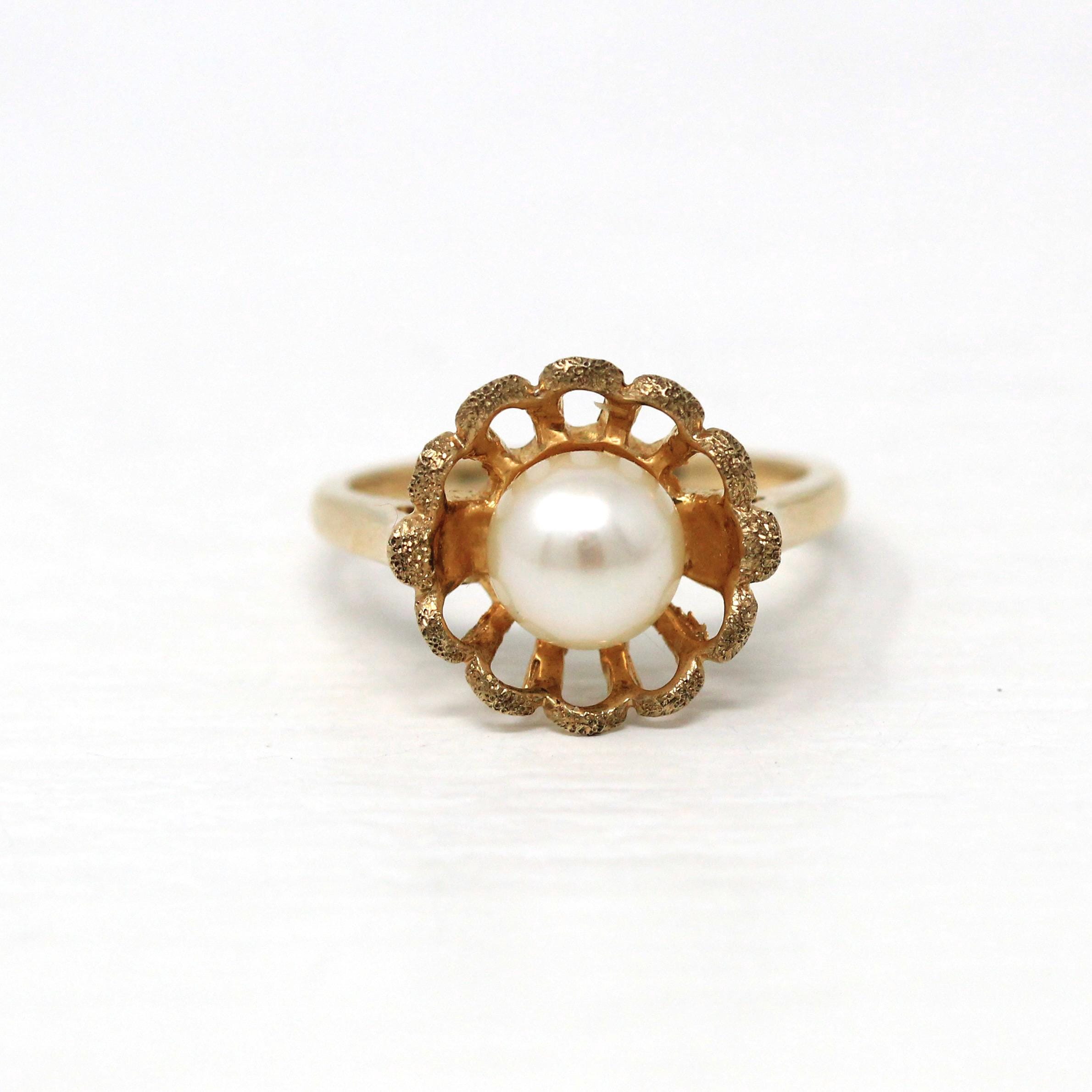 Cultured Pearl Ring - Retro 10k Yellow Gold Round White Gem - Vintage Circa 1970s Era Size 5 1/4 New Old Stock Statement Flower June Jewelry