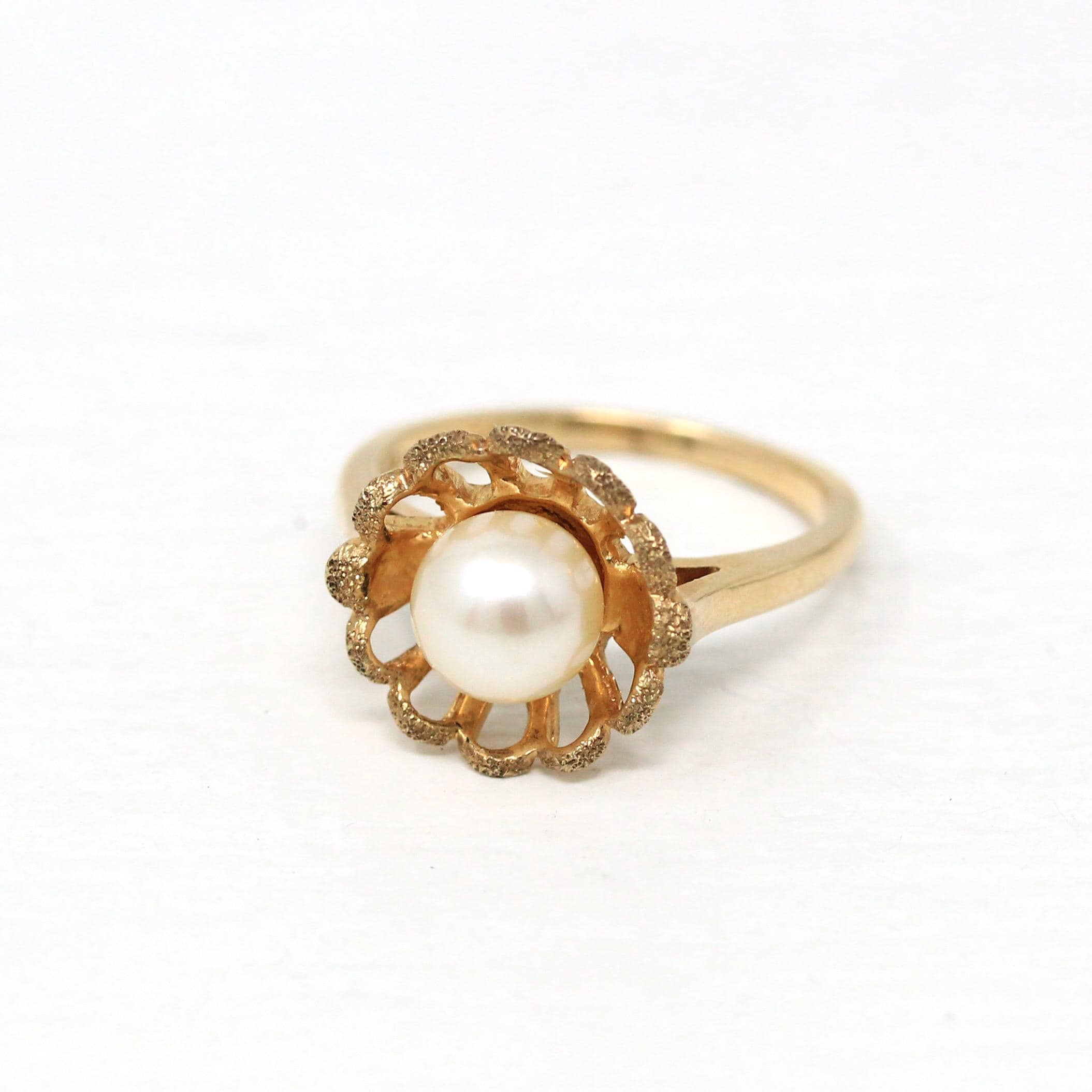 Cultured Pearl Ring - Retro 10k Yellow Gold Round White Gem - Vintage Circa 1970s Era Size 5 1/4 New Old Stock Statement Flower June Jewelry