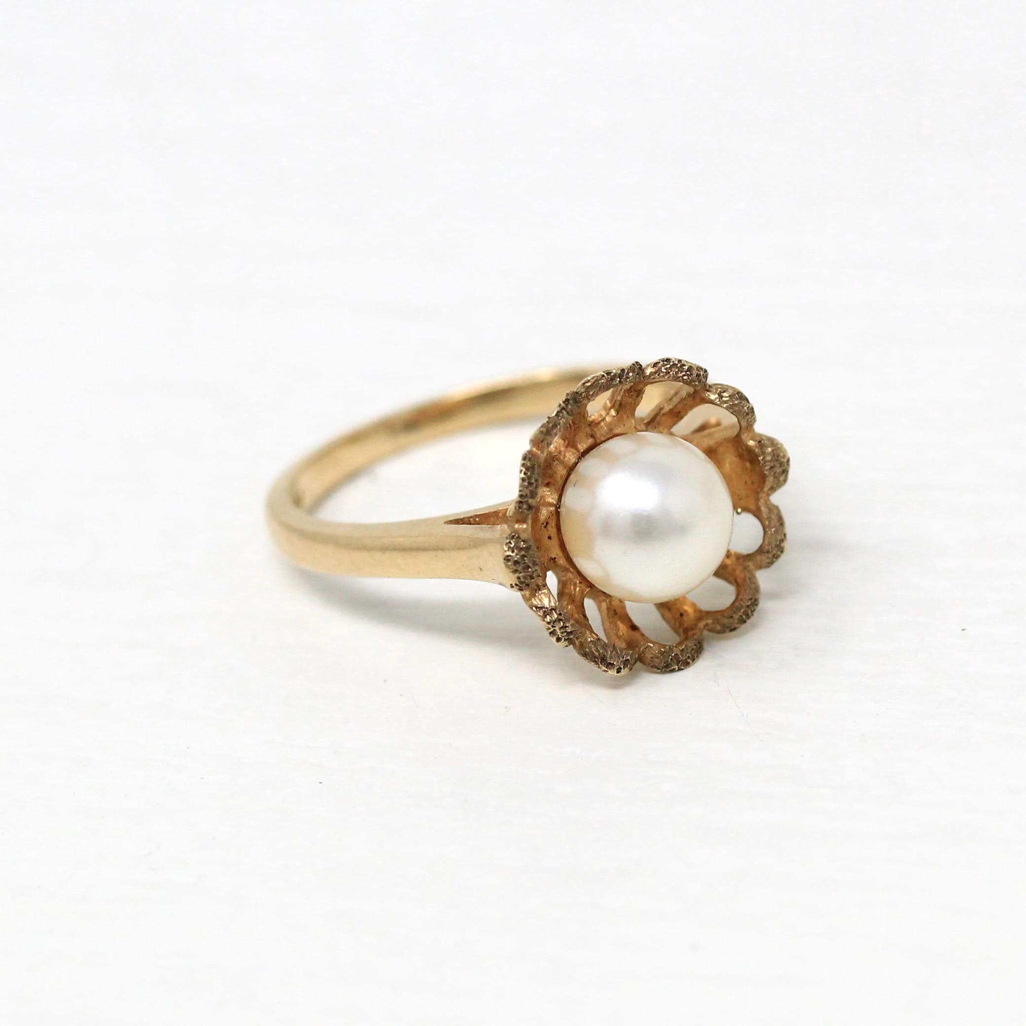 Cultured Pearl Ring - Retro 10k Yellow Gold Round White Gem - Vintage Circa 1970s Era Size 5 1/2 New Old Stock Statement Flower June Jewelry