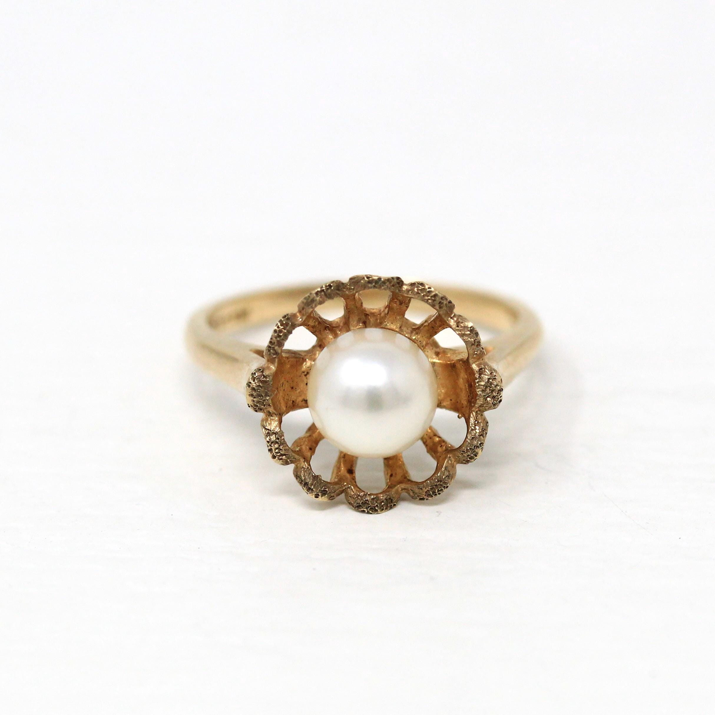 Cultured Pearl Ring - Retro 10k Yellow Gold Round White Gem - Vintage Circa 1970s Era Size 5 1/2 New Old Stock Statement Flower June Jewelry