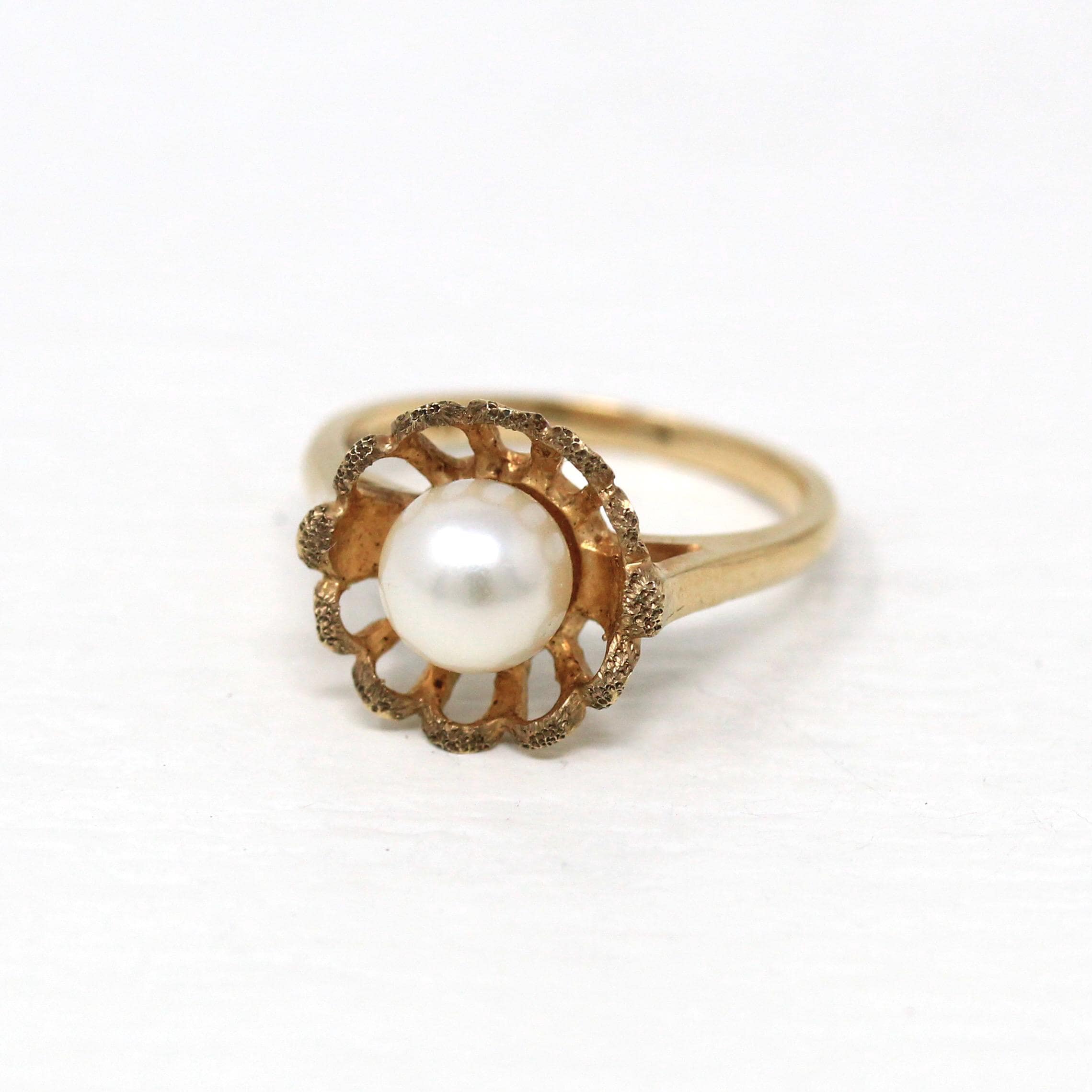 Cultured Pearl Ring - Retro 10k Yellow Gold Round White Gem - Vintage Circa 1970s Era Size 5 1/2 New Old Stock Statement Flower June Jewelry