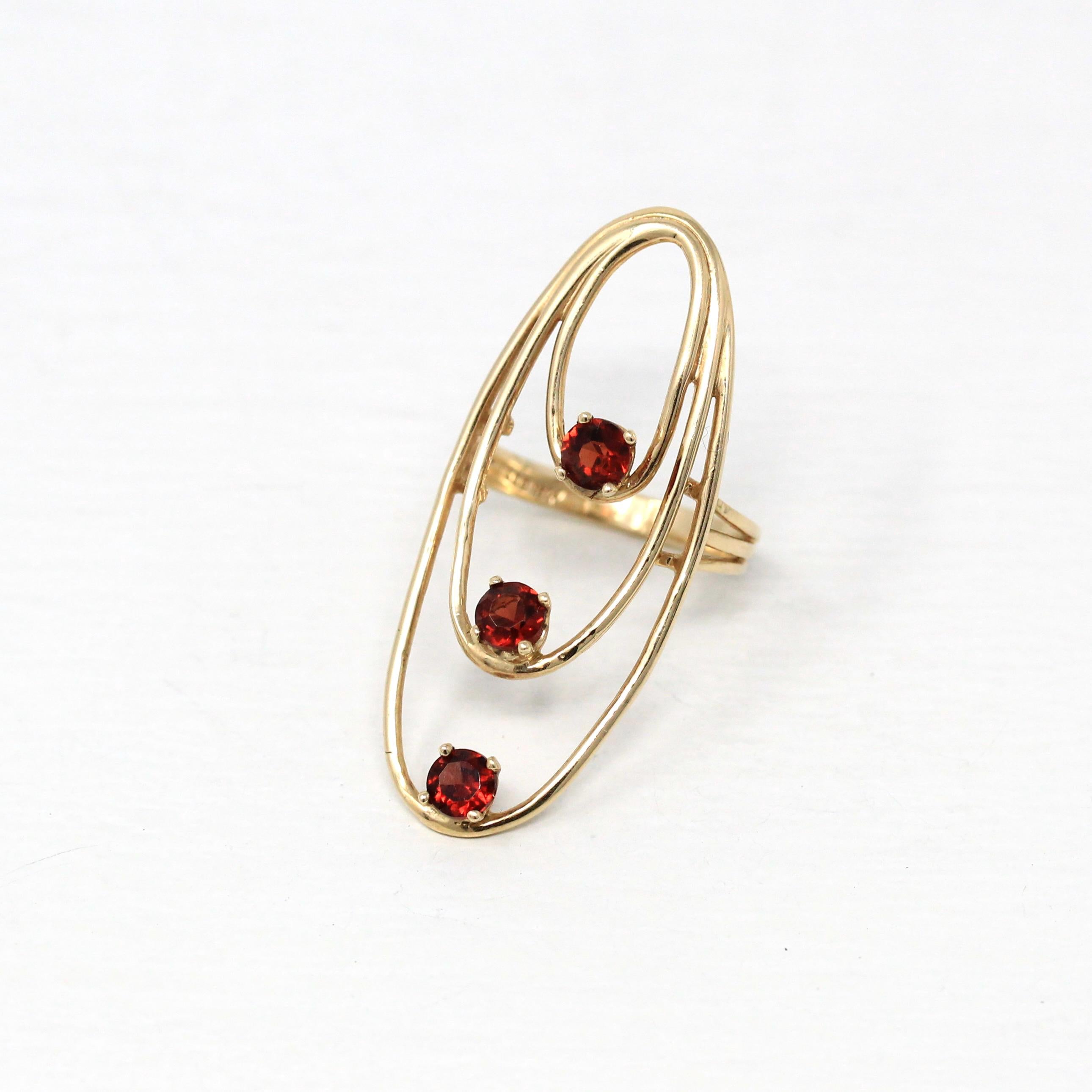 Vintage Garnet Ring - Retro 10k Yellow Gold Genuine Red Gem - Circa 1970s Size 6 January Birthstone Freeform Loop Statement Fine Jewelry