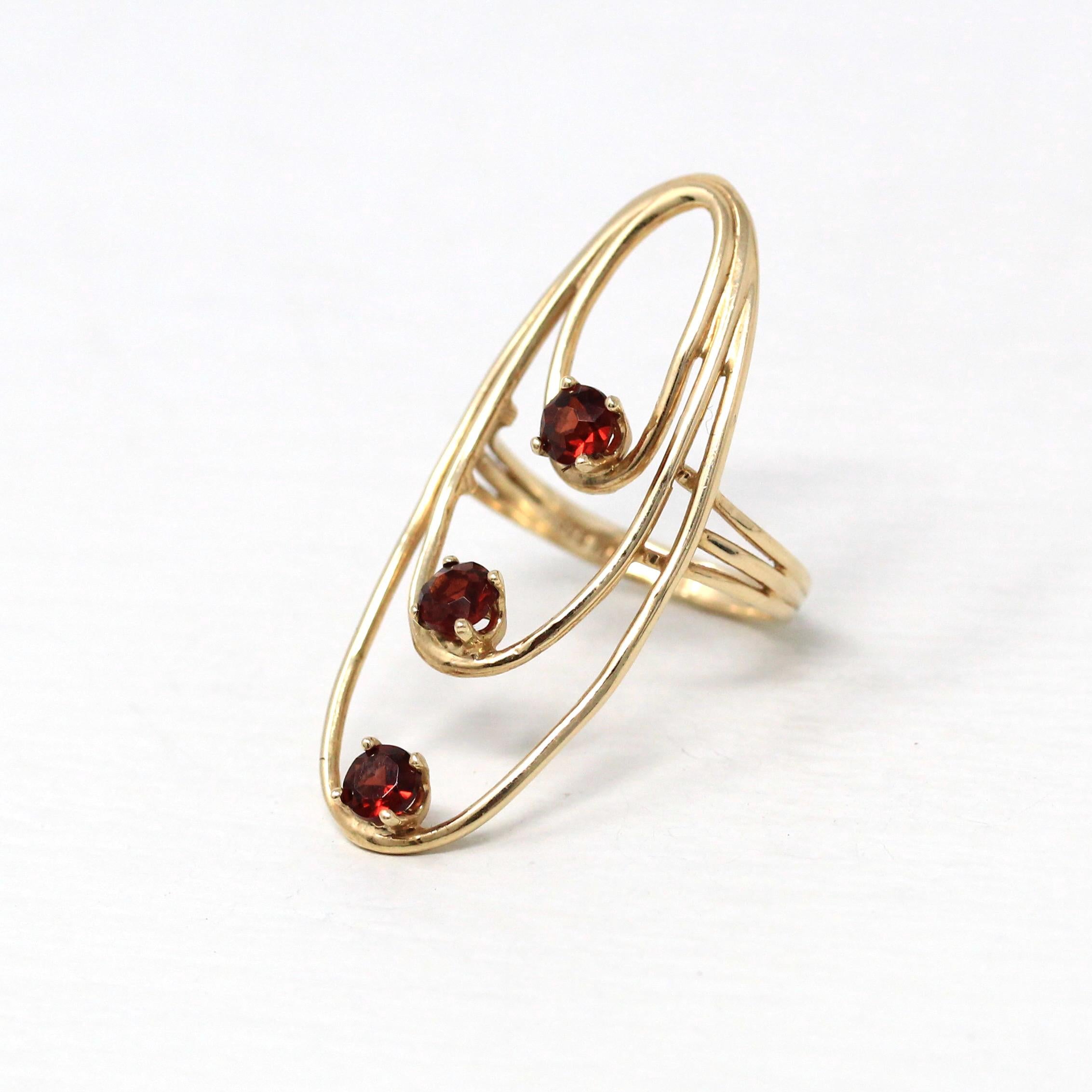 Vintage Garnet Ring - Retro 10k Yellow Gold Genuine Red Gem - Circa 1970s Size 6 January Birthstone Freeform Loop Statement Fine Jewelry