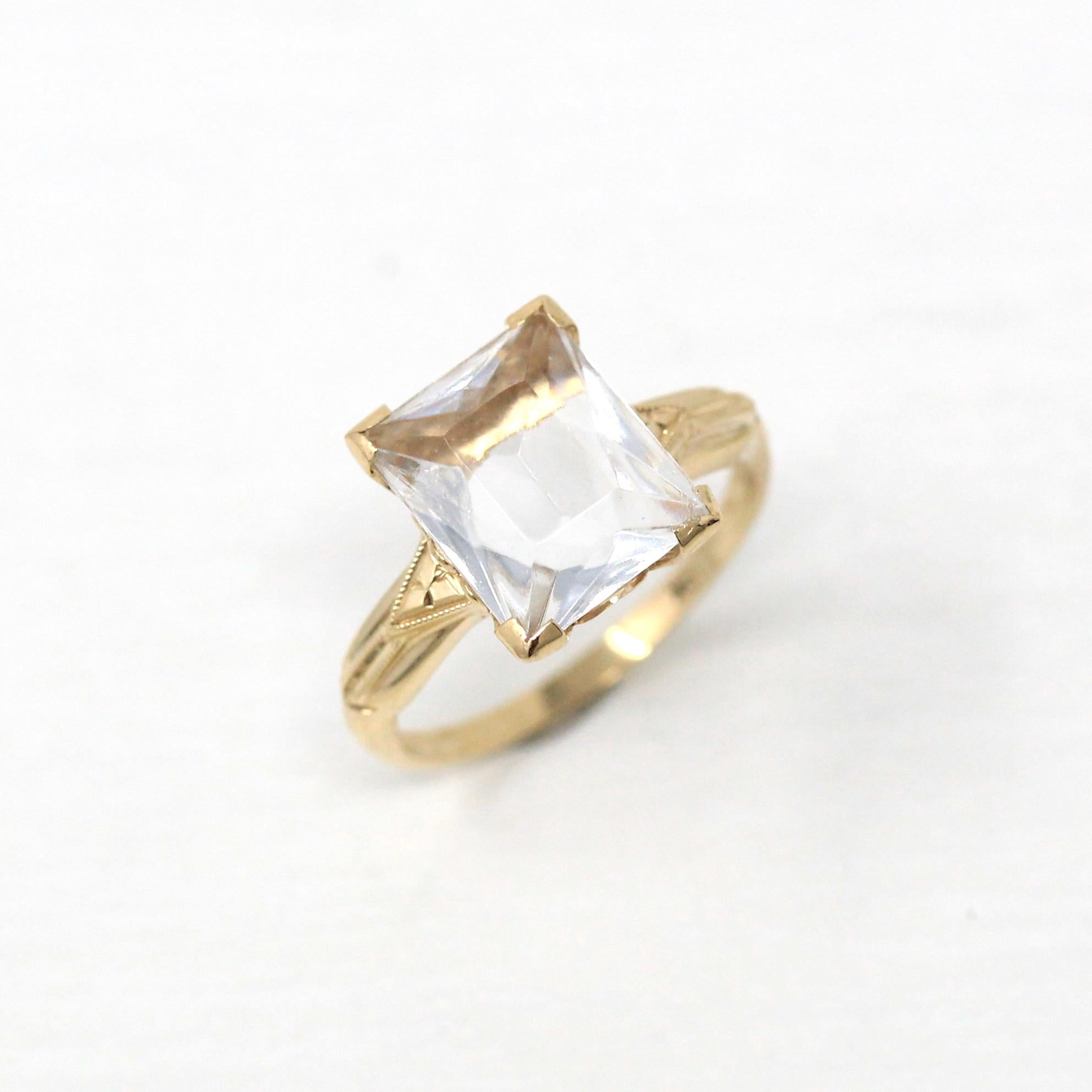 White Stone Ring - Vintage Retro Era 10k Yellow Gold Rectangular Cut Glass Solitaire - Circa 1940s Size 5 1/4 Fine 40s Jewelry