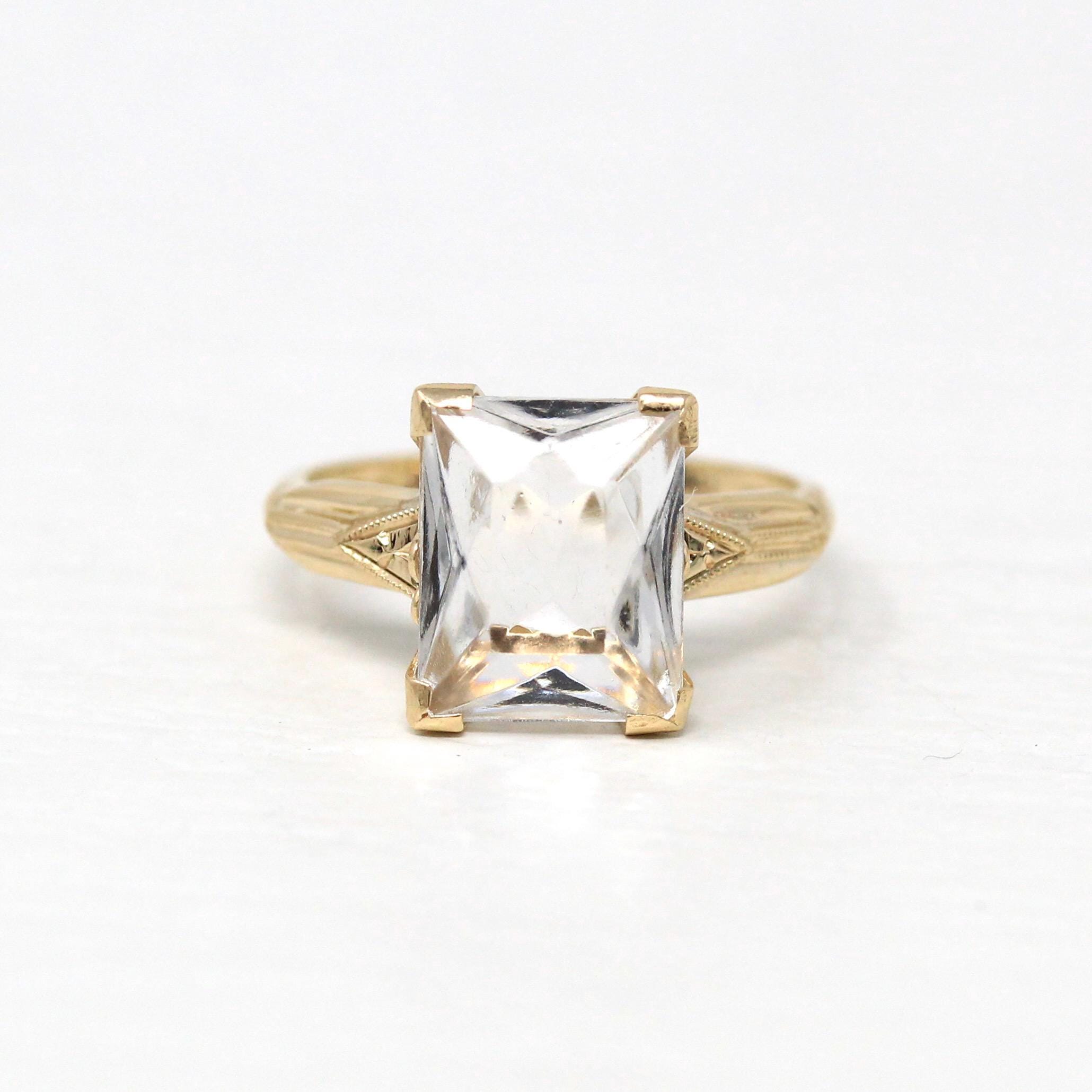 White Stone Ring - Vintage Retro Era 10k Yellow Gold Rectangular Cut Glass Solitaire - Circa 1940s Size 5 1/4 Fine 40s Jewelry