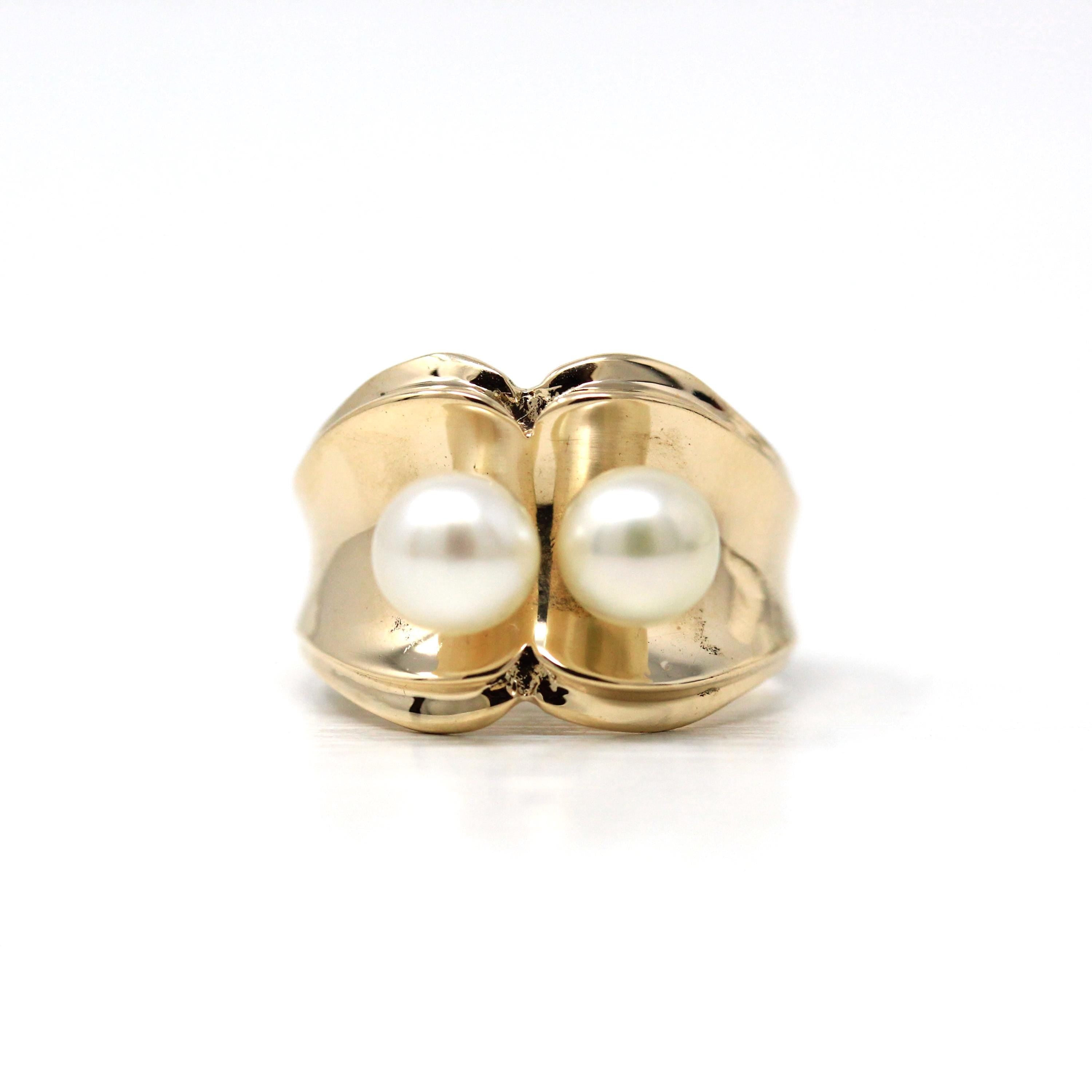 Cultured Pearl Ring - Retro 10k Yellow Gold Two Stone Chunky Band - Vintage Circa 1960s Era Size 6 New Old Stock Statement Fine Jewelry