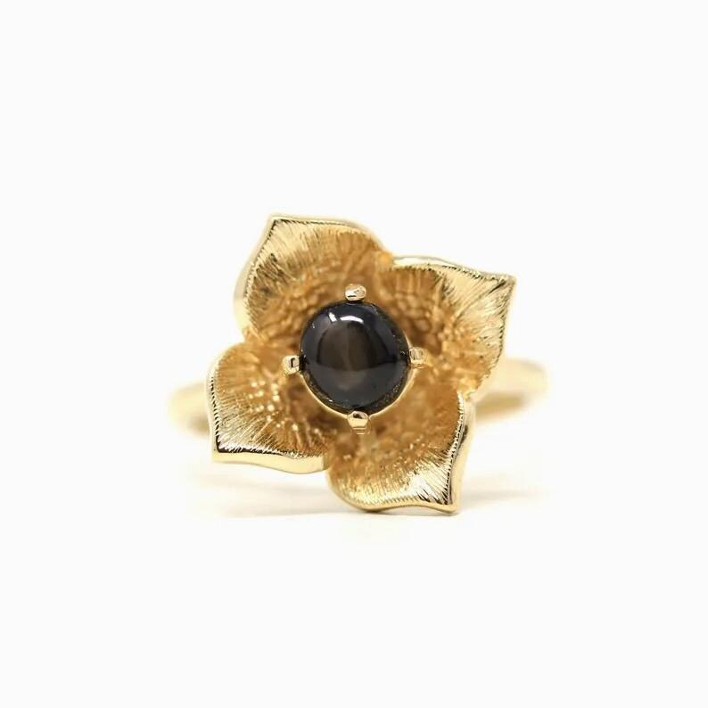 Black Star Sapphire Ring - Retro 14k Yellow Gold Genuine Gemstone Flower Petals - Vintage Circa 1960s Era Size 6 New Old Stock Fine Jewelry