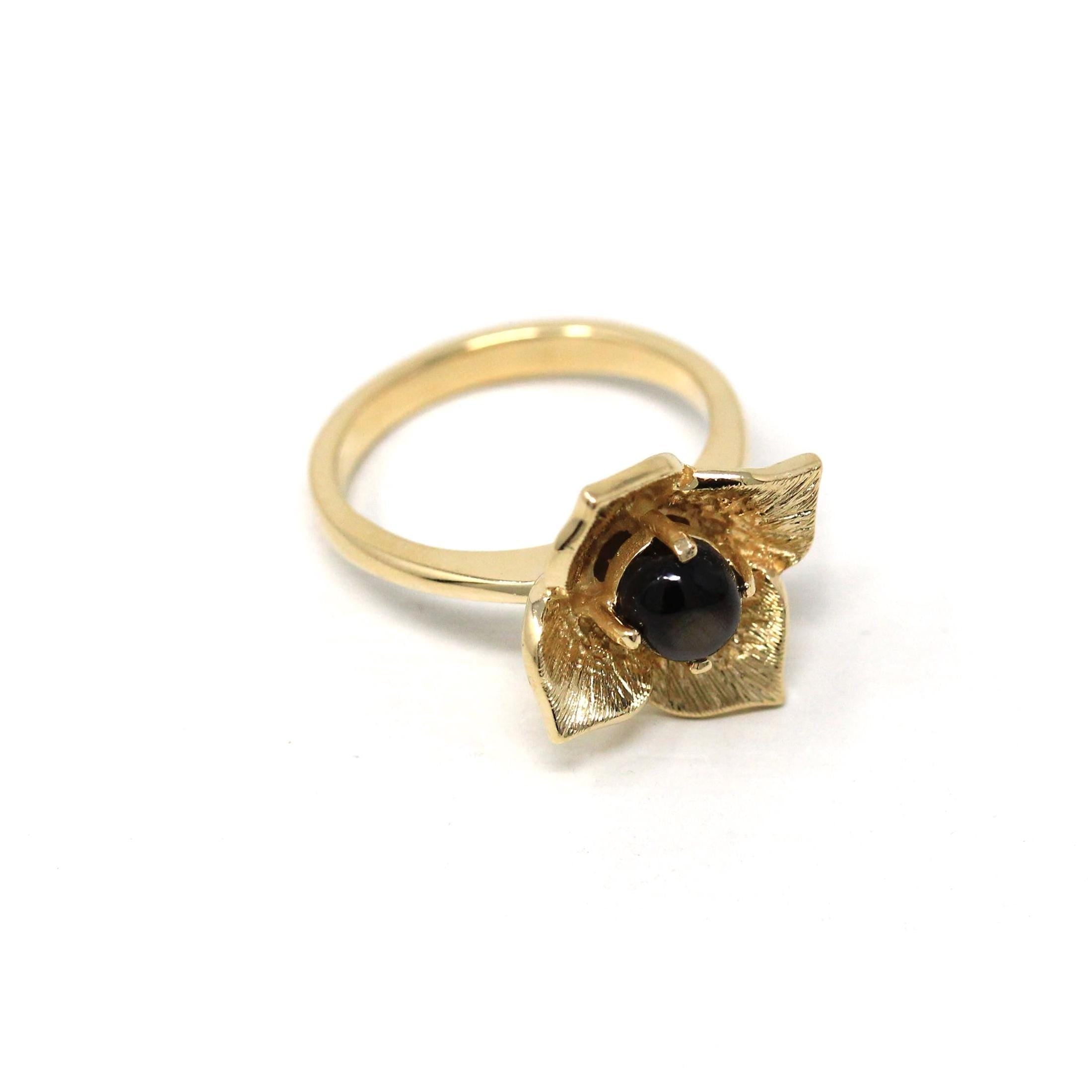 Black Star Sapphire Ring - Retro 14k Yellow Gold Genuine Gemstone Flower Petals - Vintage Circa 1960s Era Size 6 New Old Stock Fine Jewelry