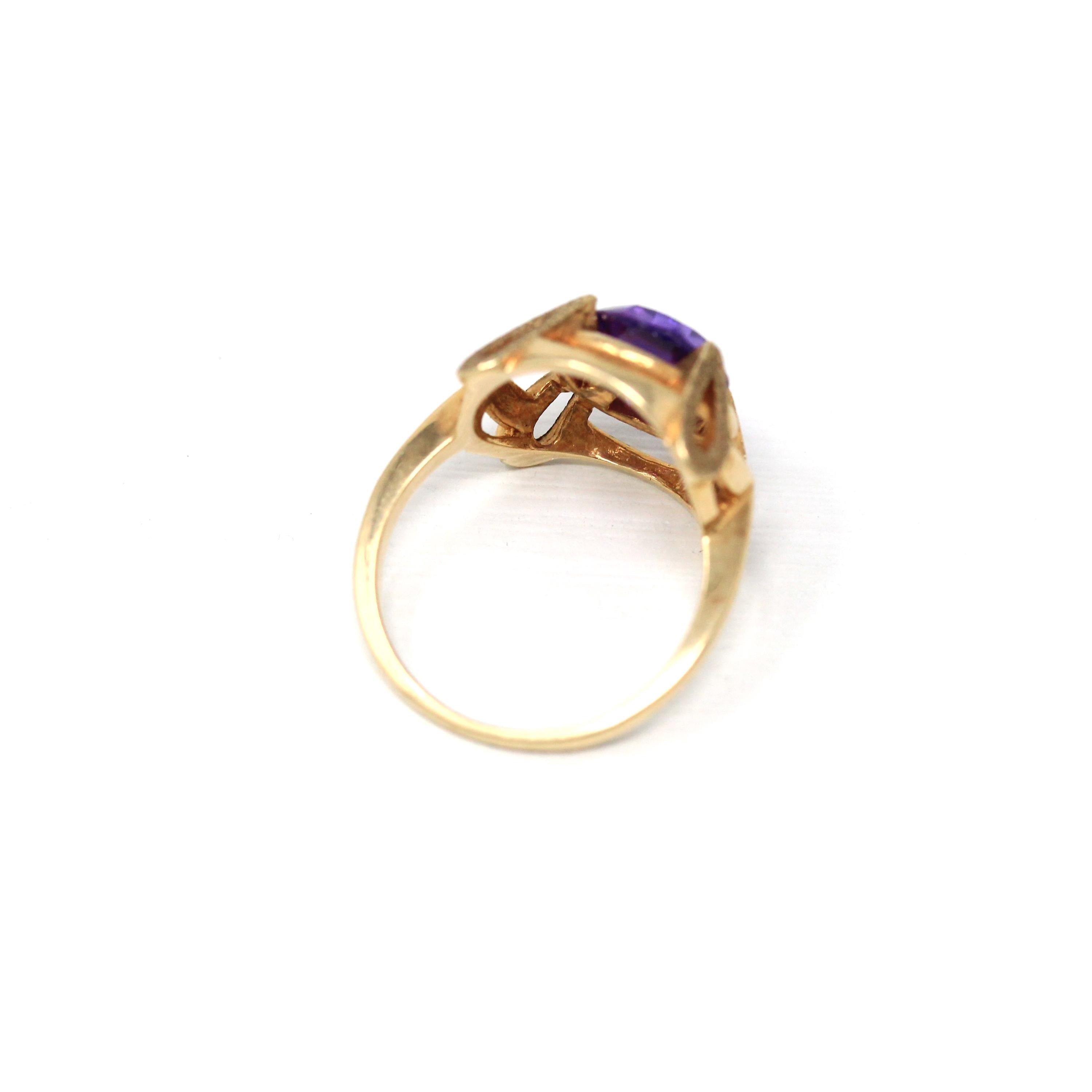 Created Sapphire Ring - Retro 10k Yellow Gold Purple Birthstone - Circa 1960s Era Size 6 1/4 Vintage New Old Stock 60s Target Fine Jewelry