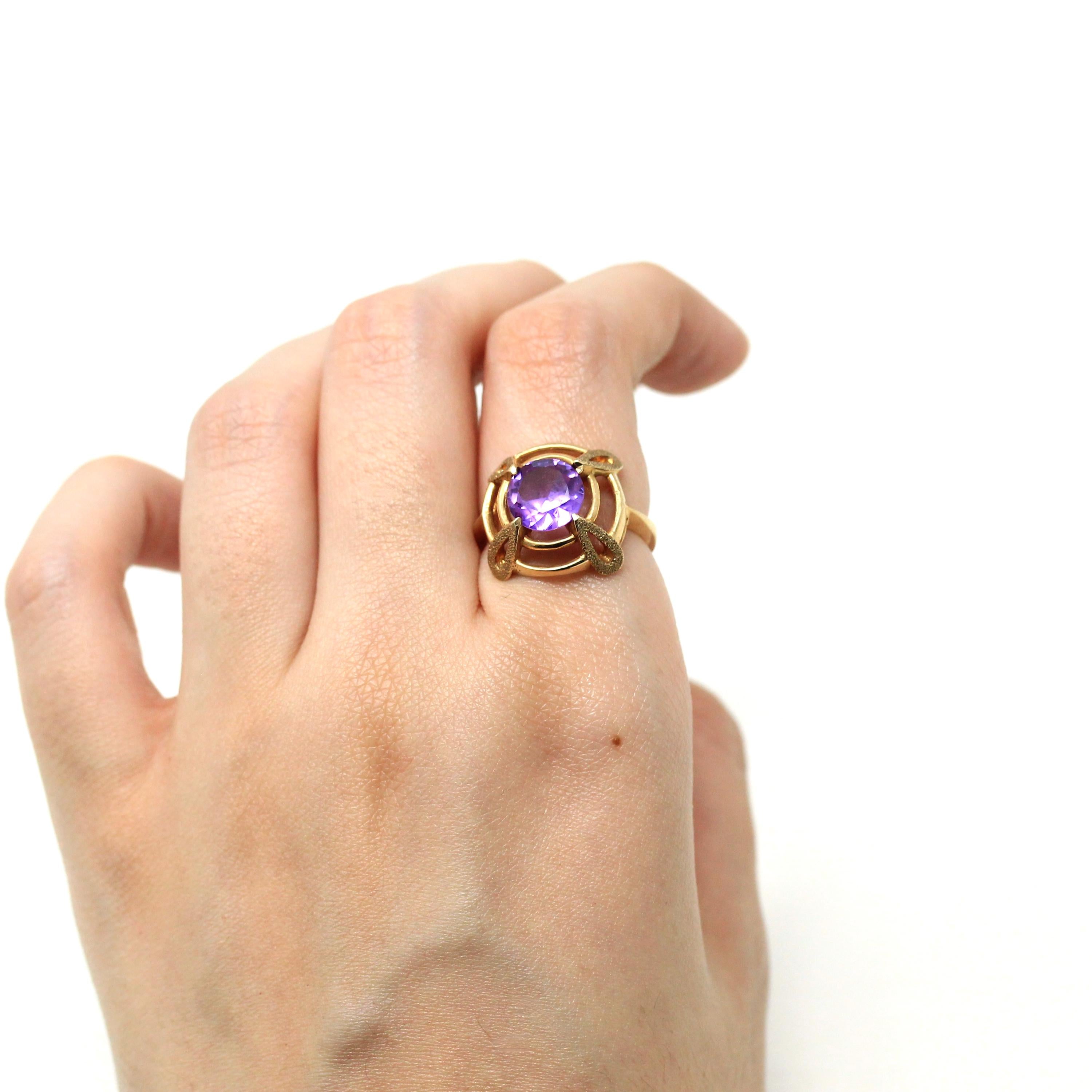 Created Sapphire Ring - Retro 10k Yellow Gold Purple Birthstone - Circa 1960s Era Size 6 1/4 Vintage New Old Stock 60s Target Fine Jewelry