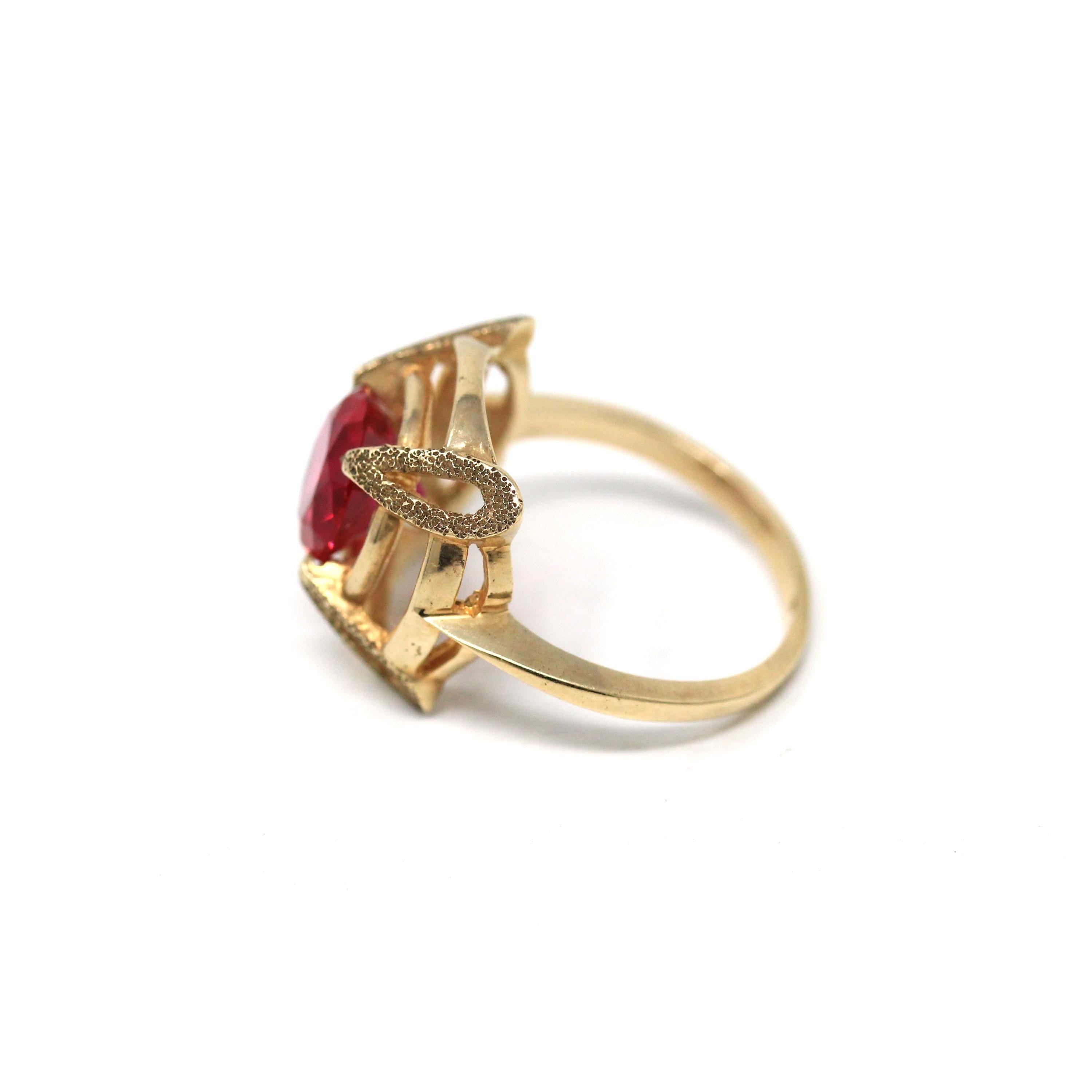 Created Ruby Ring - Vintage Retro 10k Yellow Gold Red July Birthstone - Circa 1960s Era Size 6 1/2 New Old Stock 60s Target Fine Jewelry