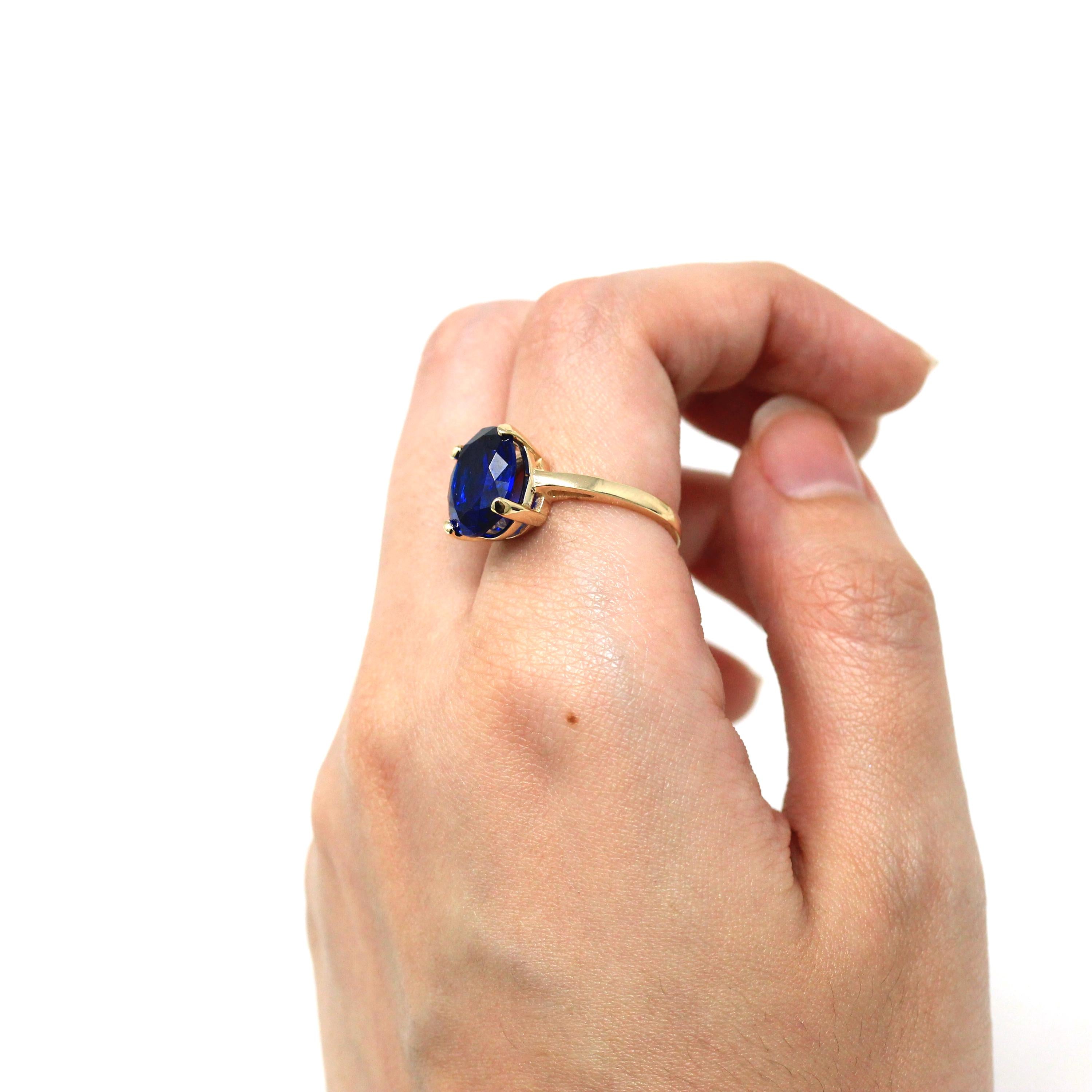 Created Spinel Ring - Retro 10k Yellow Gold Oval Faceted 4.86 CT Blue Stone - Vintage Circa 1960s Era Size 6 New Old Stock Fine 60s Jewelry