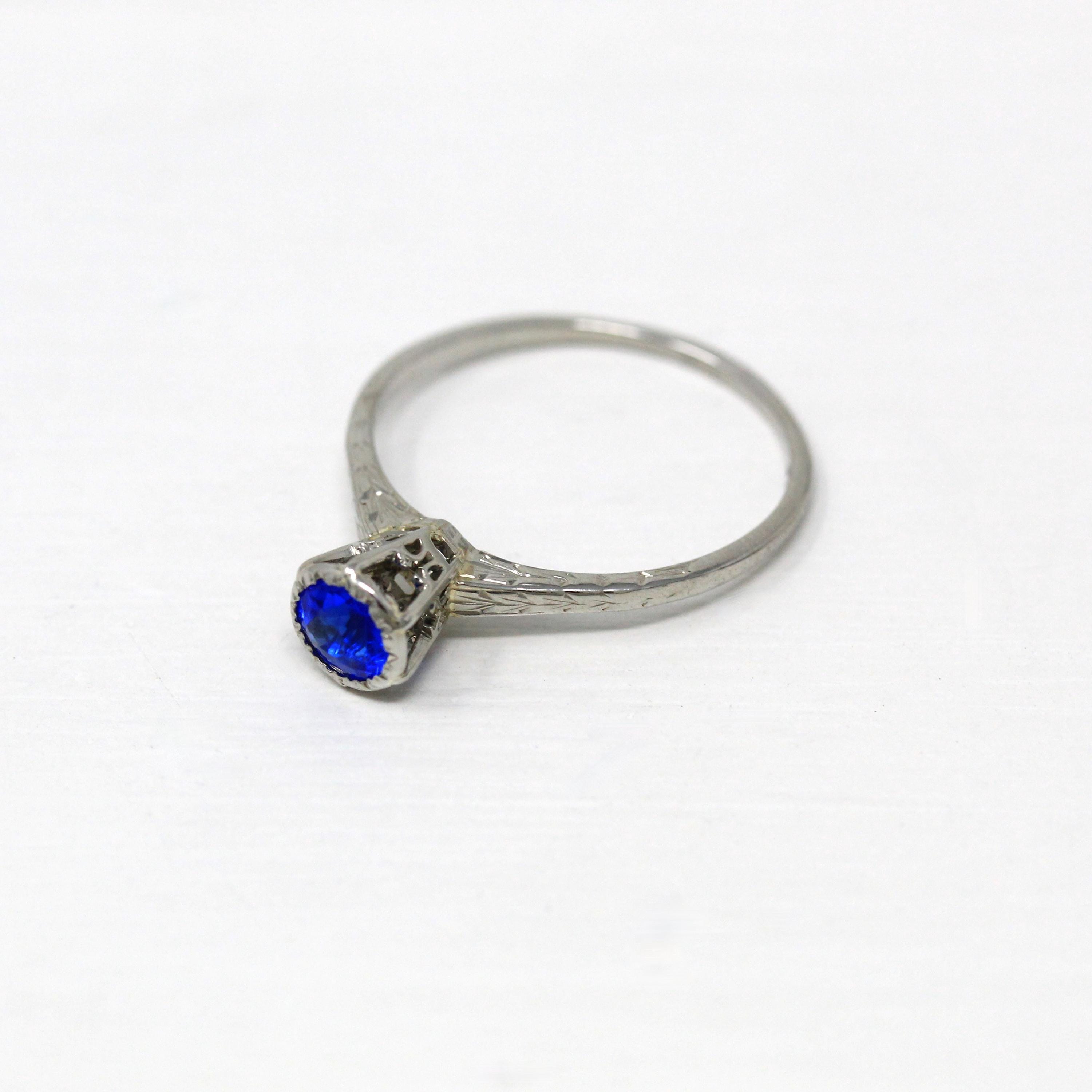 Simulated Sapphire Ring - Art Deco 18k White Gold Round Faceted 5 mm Blue Stone - Vintage 1930s Era Size 8.5 Solitaire Fine 30s Jewelry