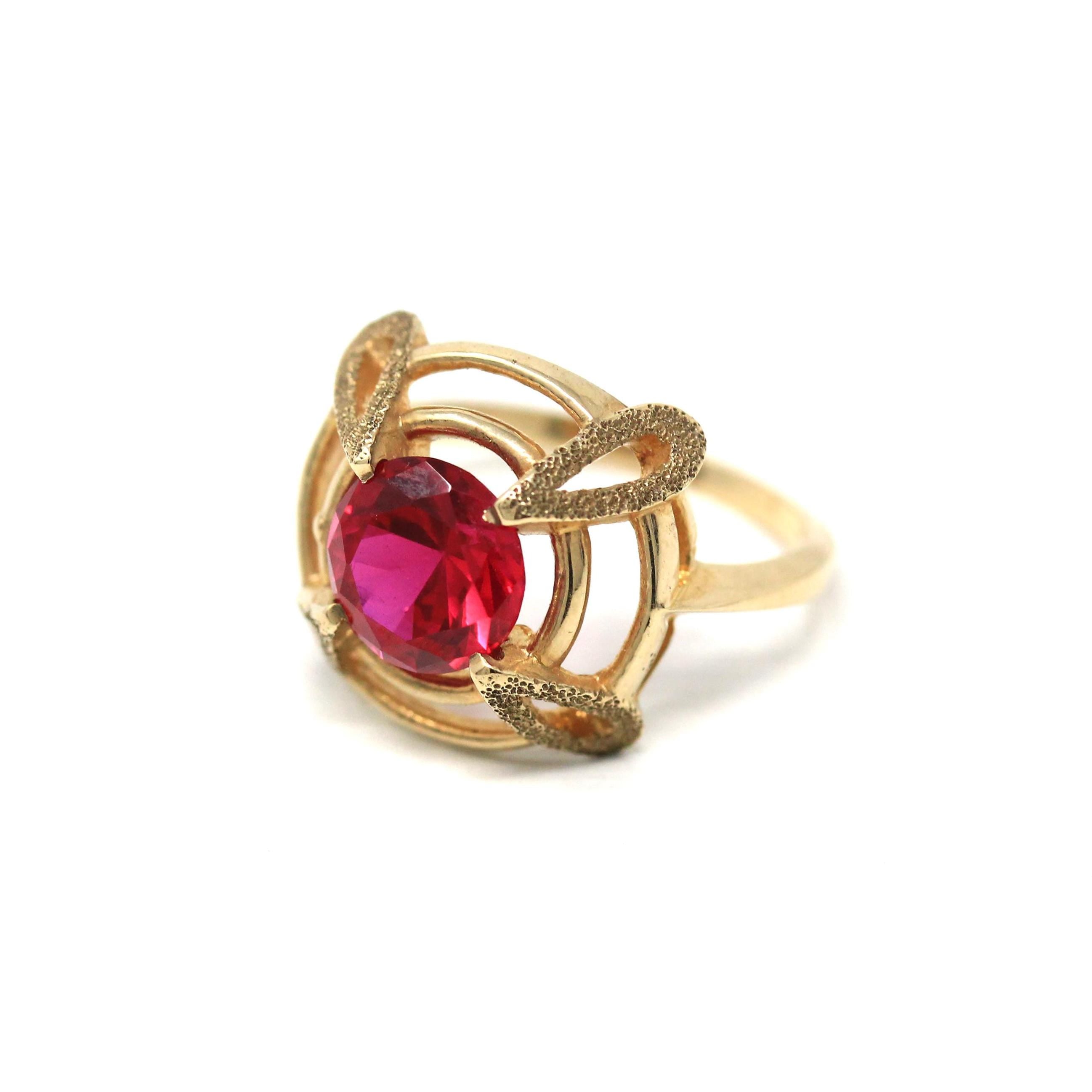 Created Ruby Ring - Vintage Retro 10k Yellow Gold Red July Birthstone - Circa 1960s Era Size 6 1/2 New Old Stock 60s Target Fine Jewelry