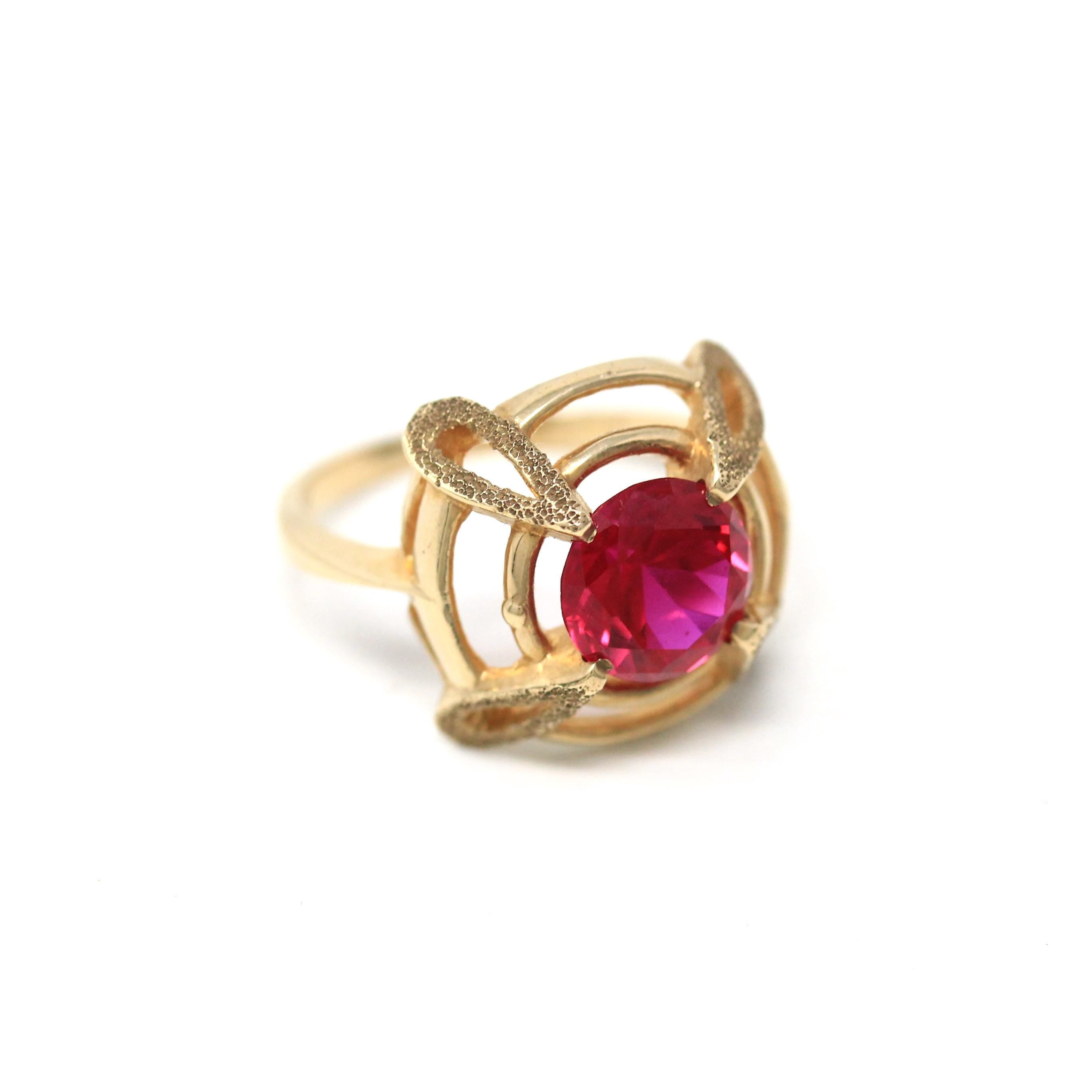 Created Ruby Ring - Vintage Retro 10k Yellow Gold Red July Birthstone - Circa 1960s Era Size 6 1/2 New Old Stock 60s Target Fine Jewelry