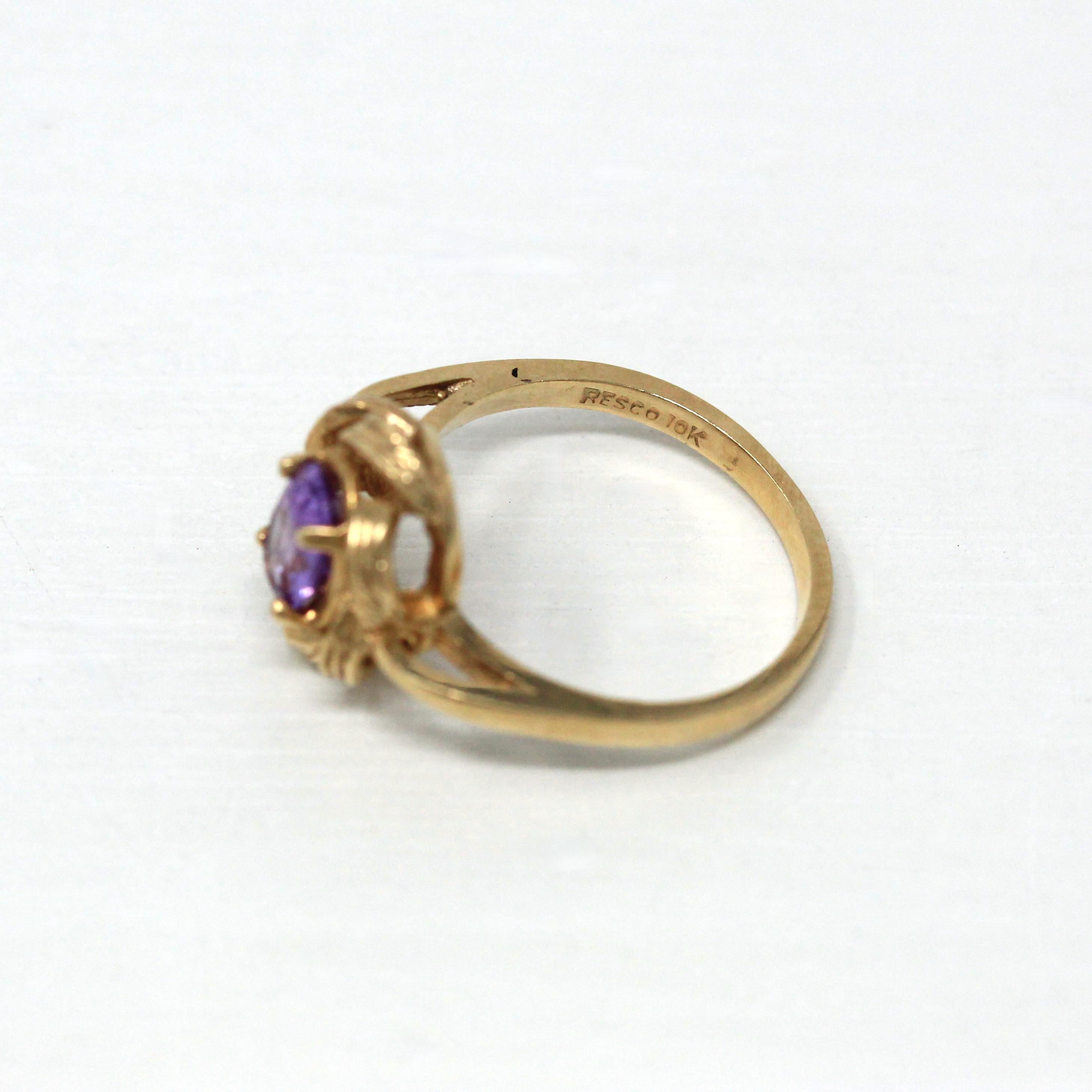 Retro Created Sapphire Ring - Vintage 10k Yellow Gold Purple Oval Gemstone - Circa 1970s Size 6 New Old Stock Twisted Flower Fine Jewelry