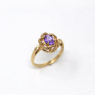 Retro Created Sapphire Ring - Vintage 10k Yellow Gold Purple Oval Gemstone - Circa 1970s Size 6 New Old Stock Twisted Flower Fine Jewelry