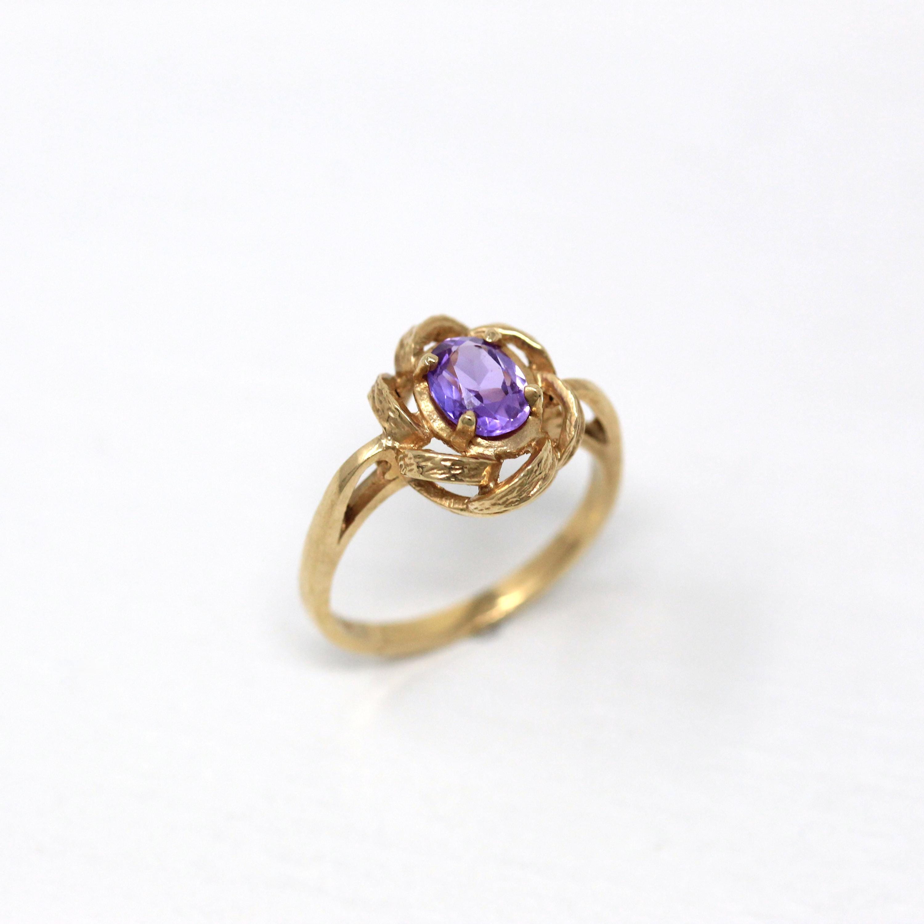 Retro Created Sapphire Ring - Vintage 10k Yellow Gold Purple Oval Gemstone - Circa 1970s Size 6 New Old Stock Twisted Flower Fine Jewelry