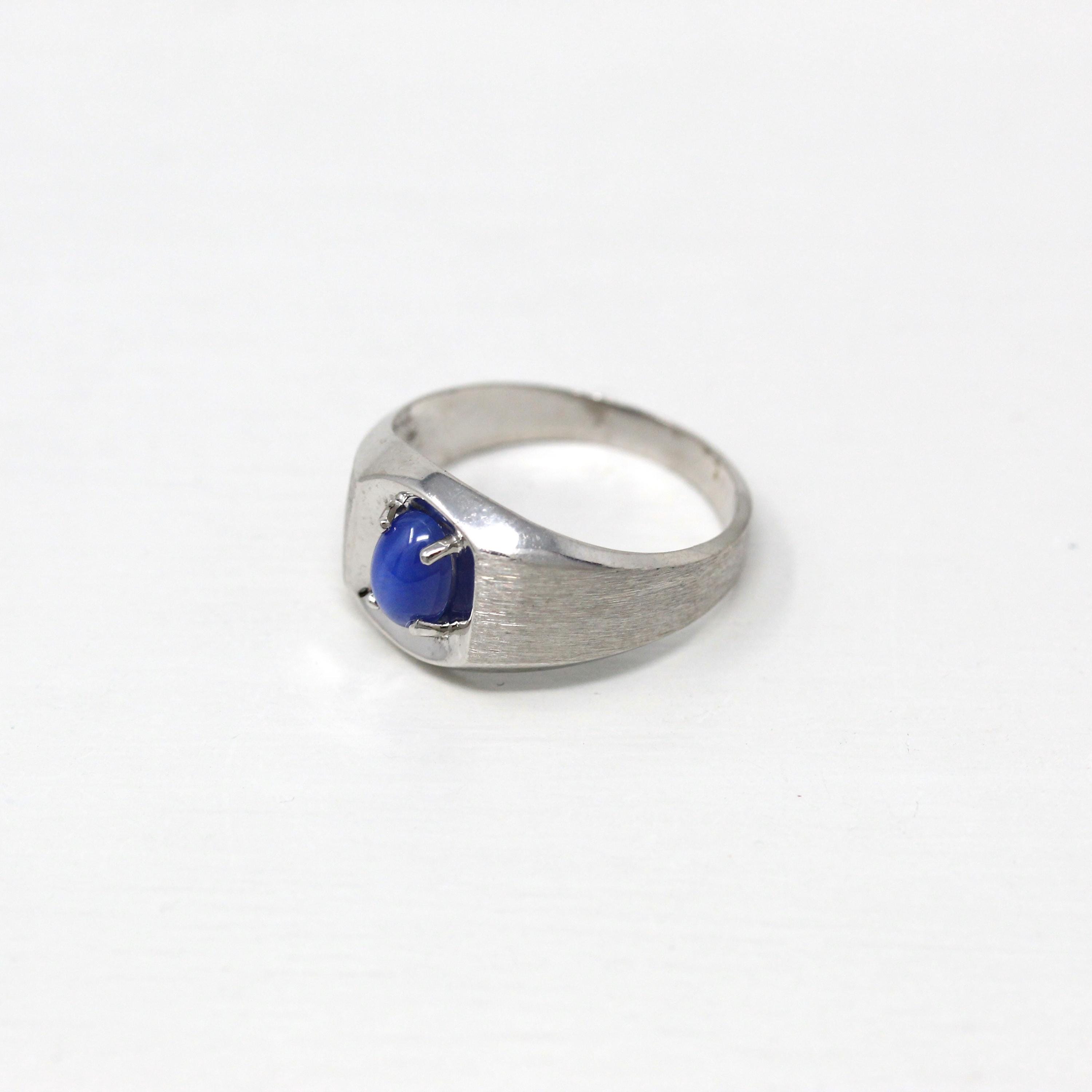 Created Star Sapphire Ring - Retro 10k White Gold Blue Stone - Vintage Circa 1960s Size 8 1/2 September Birthstone New Old Stock Jewelry