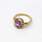 Retro Created Sapphire Ring - Vintage 10k Yellow Gold Purple Oval Gemstone - Circa 1970s Size 6 New Old Stock Twisted Flower Fine Jewelry