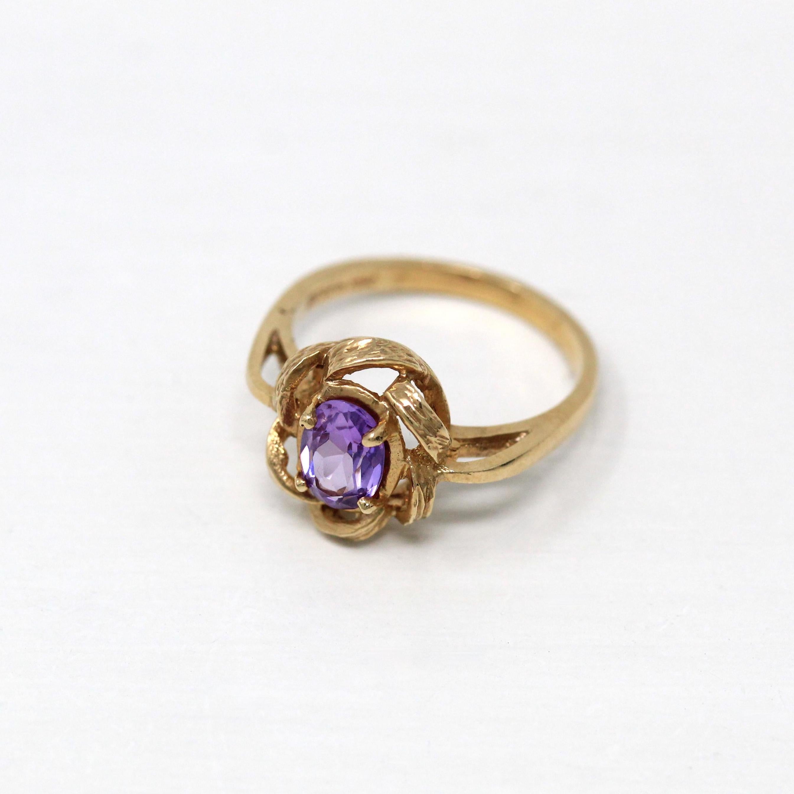 Retro Created Sapphire Ring - Vintage 10k Yellow Gold Purple Oval Gemstone - Circa 1970s Size 6 New Old Stock Twisted Flower Fine Jewelry