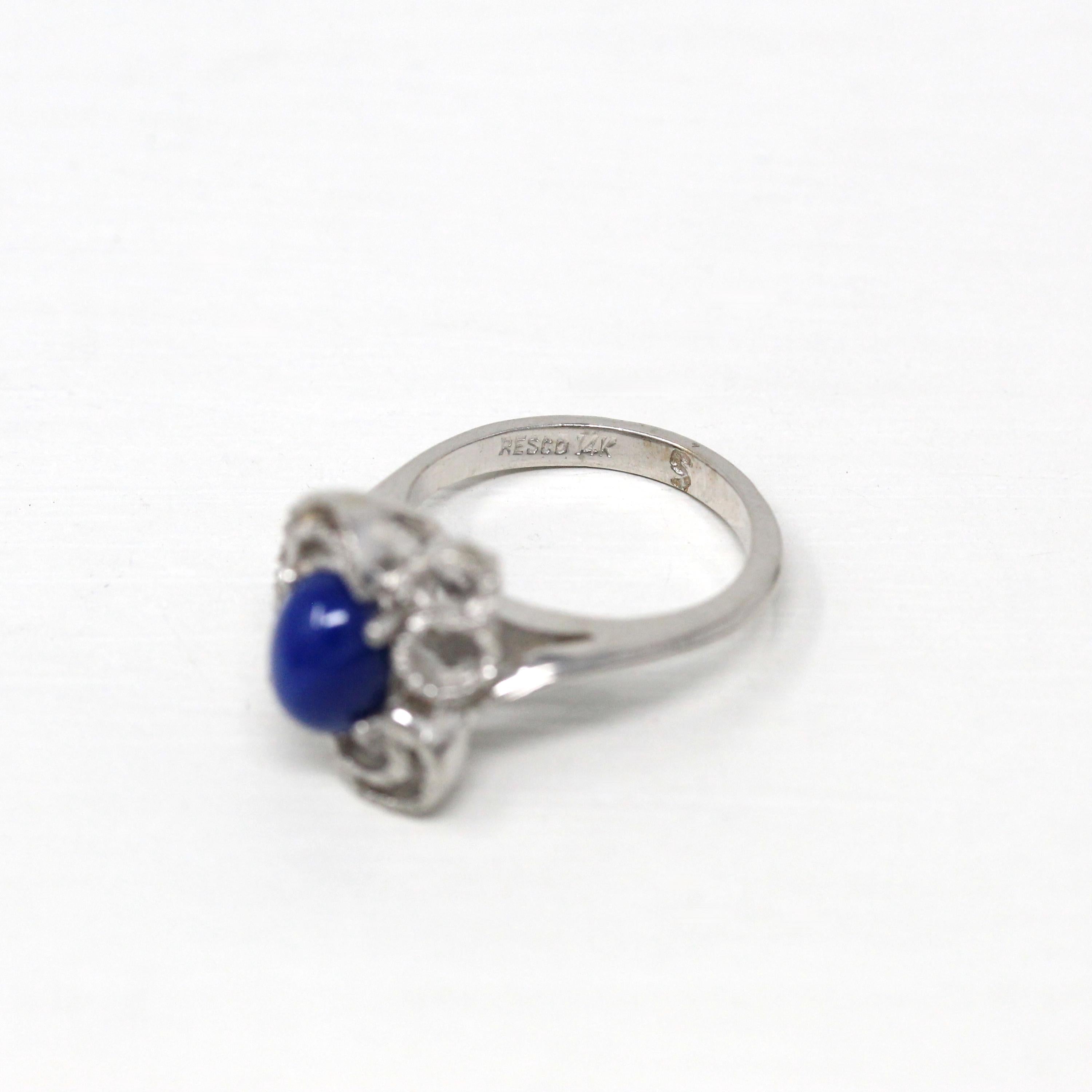 Created Star Sapphire Ring - Retro 14k White Gold Blue 2.01 CT Stone - Vintage Circa 1960s Size 4 3/4 September Birthstone Fine 60s Jewelry