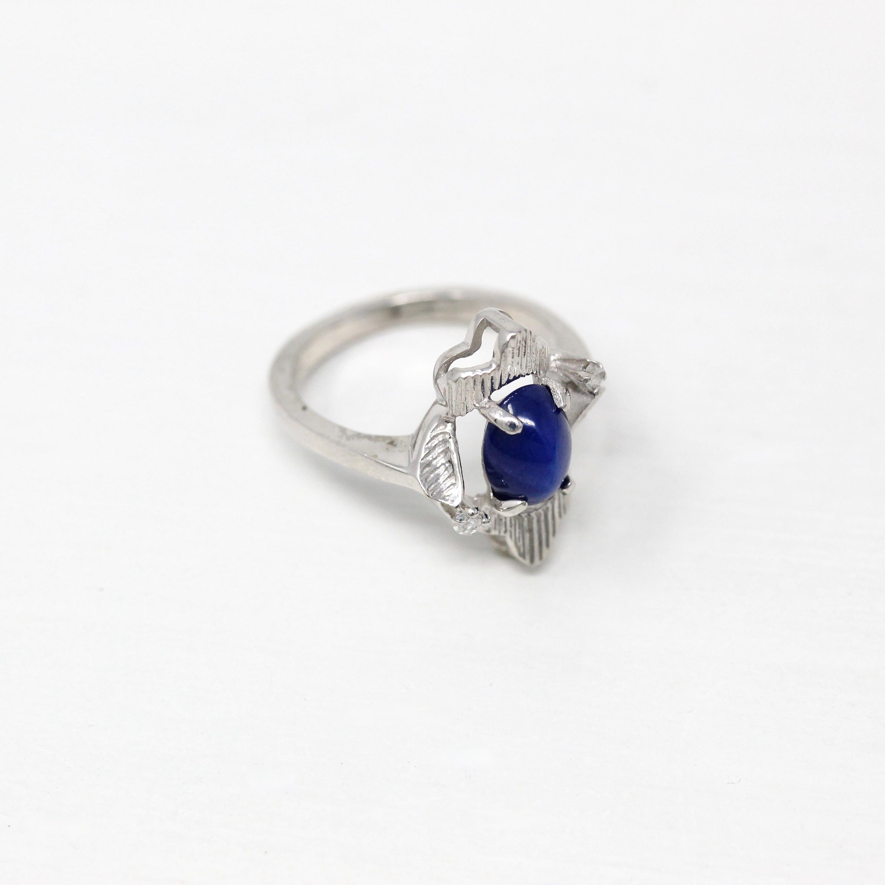 Created Star Sapphire Ring - Retro 14k White Gold Blue 1.55 CT Stone - Vintage Circa 1960s Era Size 5 1/4 September Birthstone Fine Jewelry