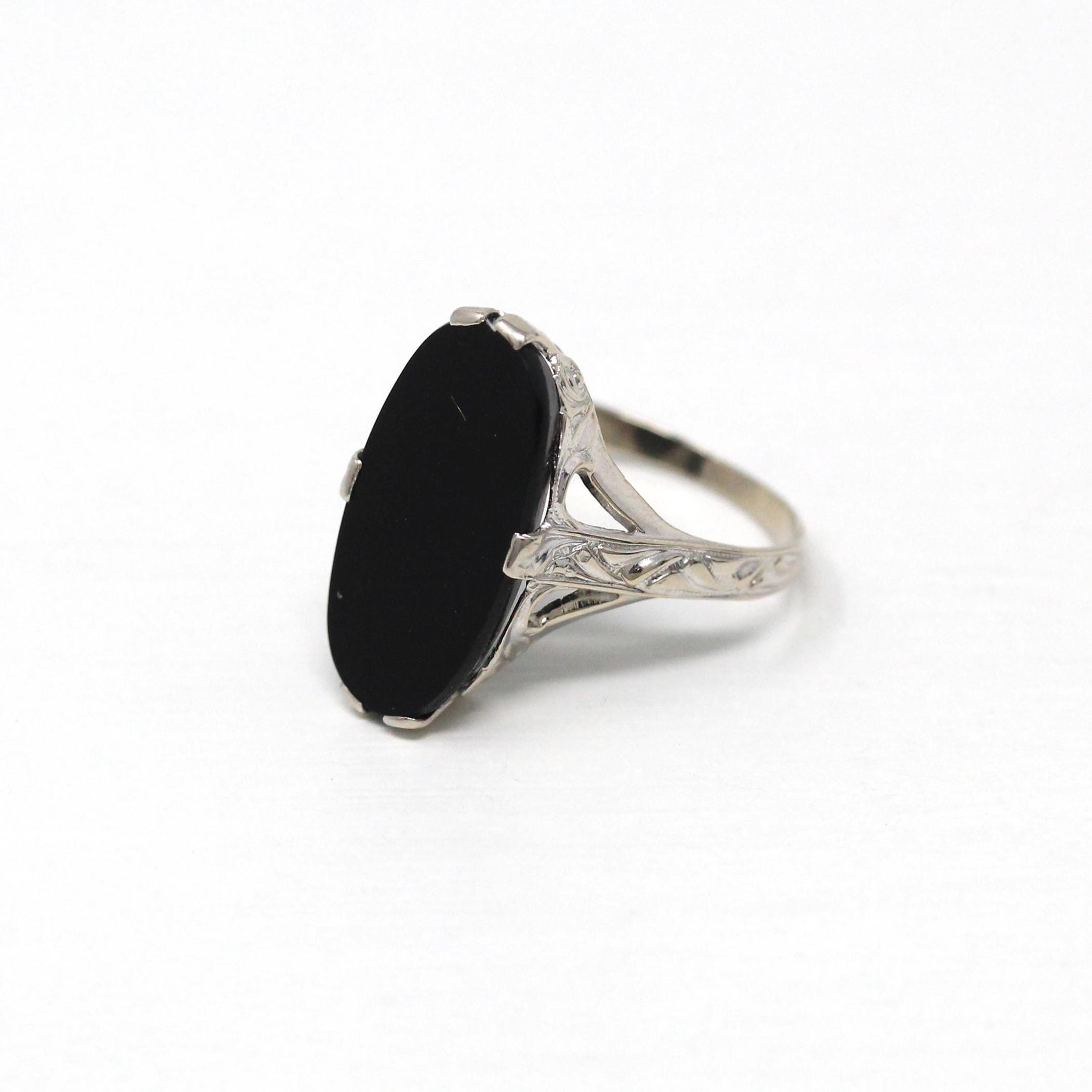 Vintage Onyx Ring - Art Deco 10k White Gold Genuine Black Gemstone Statement - 1930s Size 5 1/2 Oval 30s Fine Filigree Designs 30s Jewelry