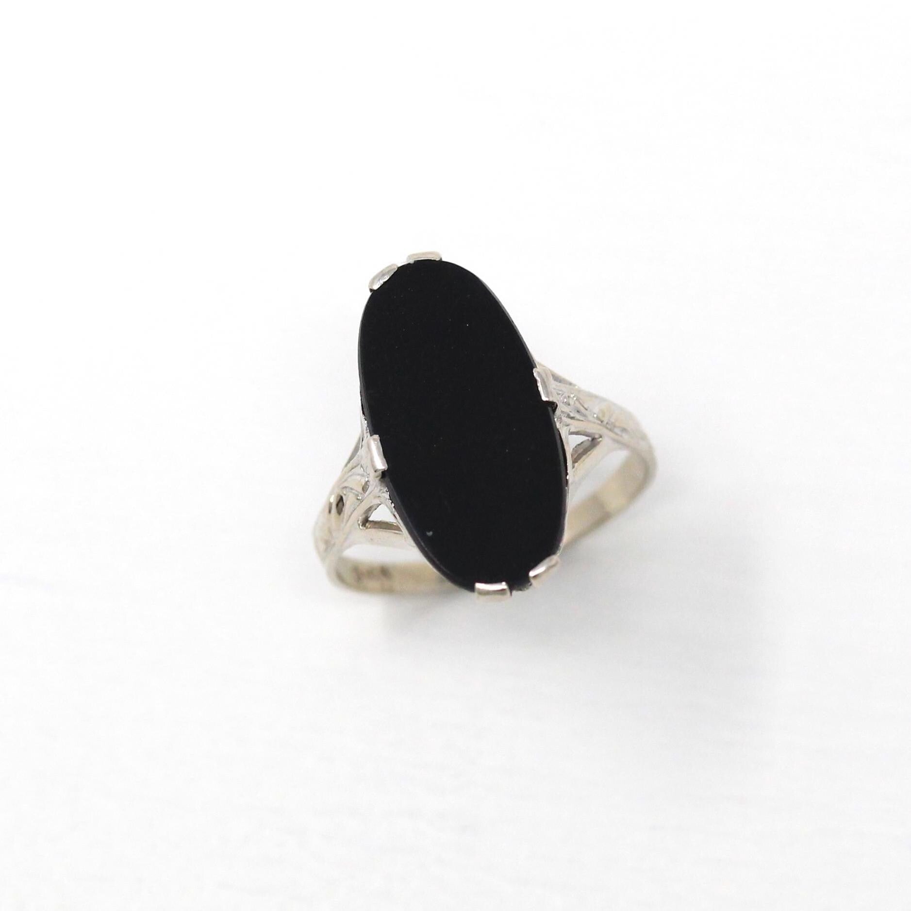 Vintage Onyx Ring - Art Deco 10k White Gold Genuine Black Gemstone Statement - 1930s Size 5 1/2 Oval 30s Fine Filigree Designs 30s Jewelry