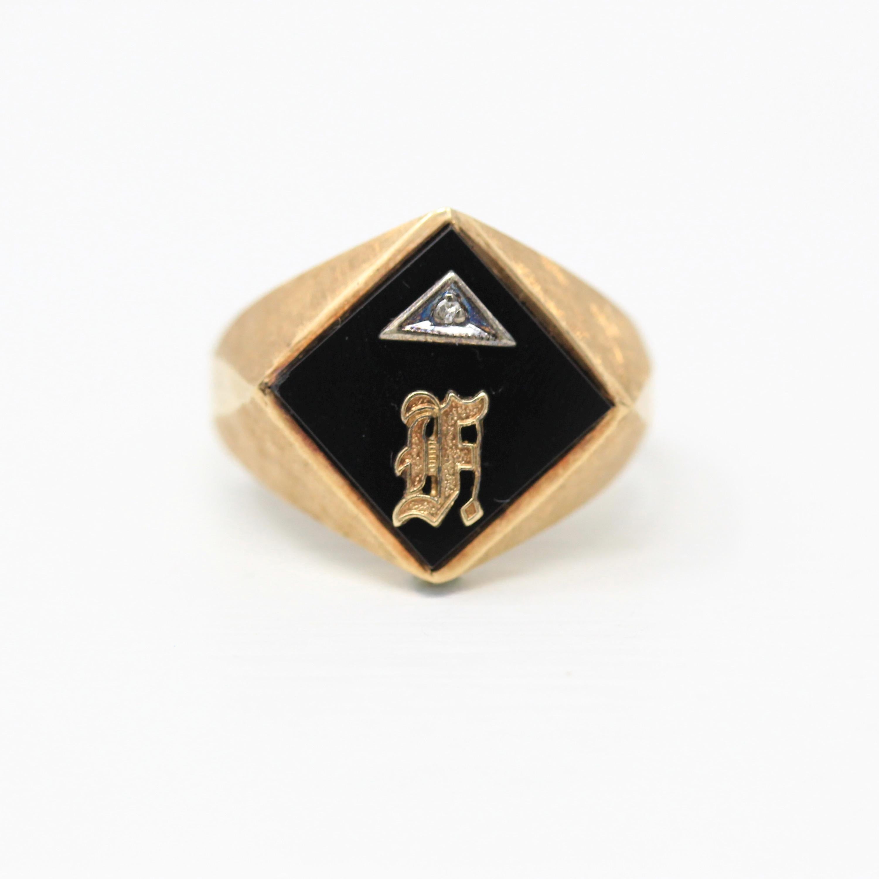 Letter "F" Ring - Retro 10k Yellow Gold Diamond & Onyx Old English Initial - Vintage Circa 1960s Era Size 10 Statement New Old Stock Jewelry