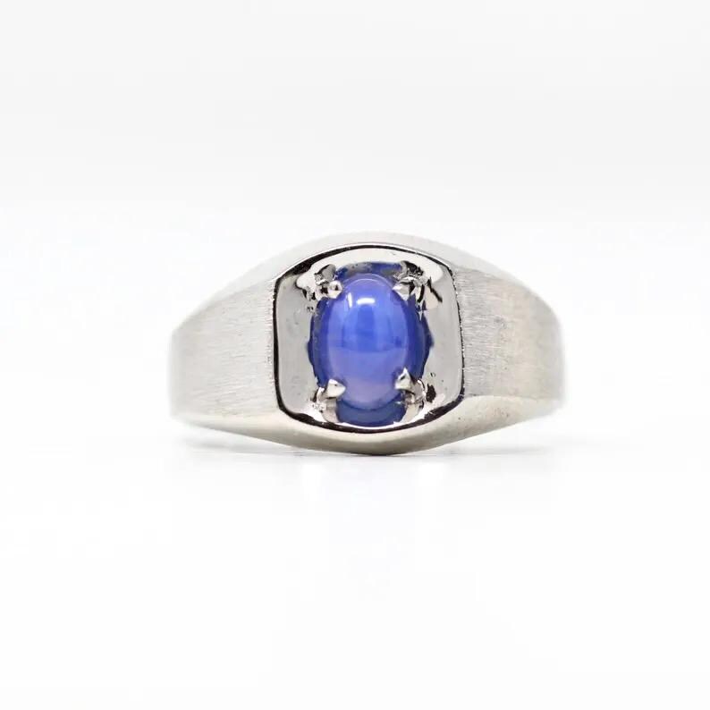 Created Star Sapphire Ring - Retro 10k White Gold Blue Stone - Vintage Circa 1960s Size 8 1/2 September Birthstone New Old Stock Jewelry