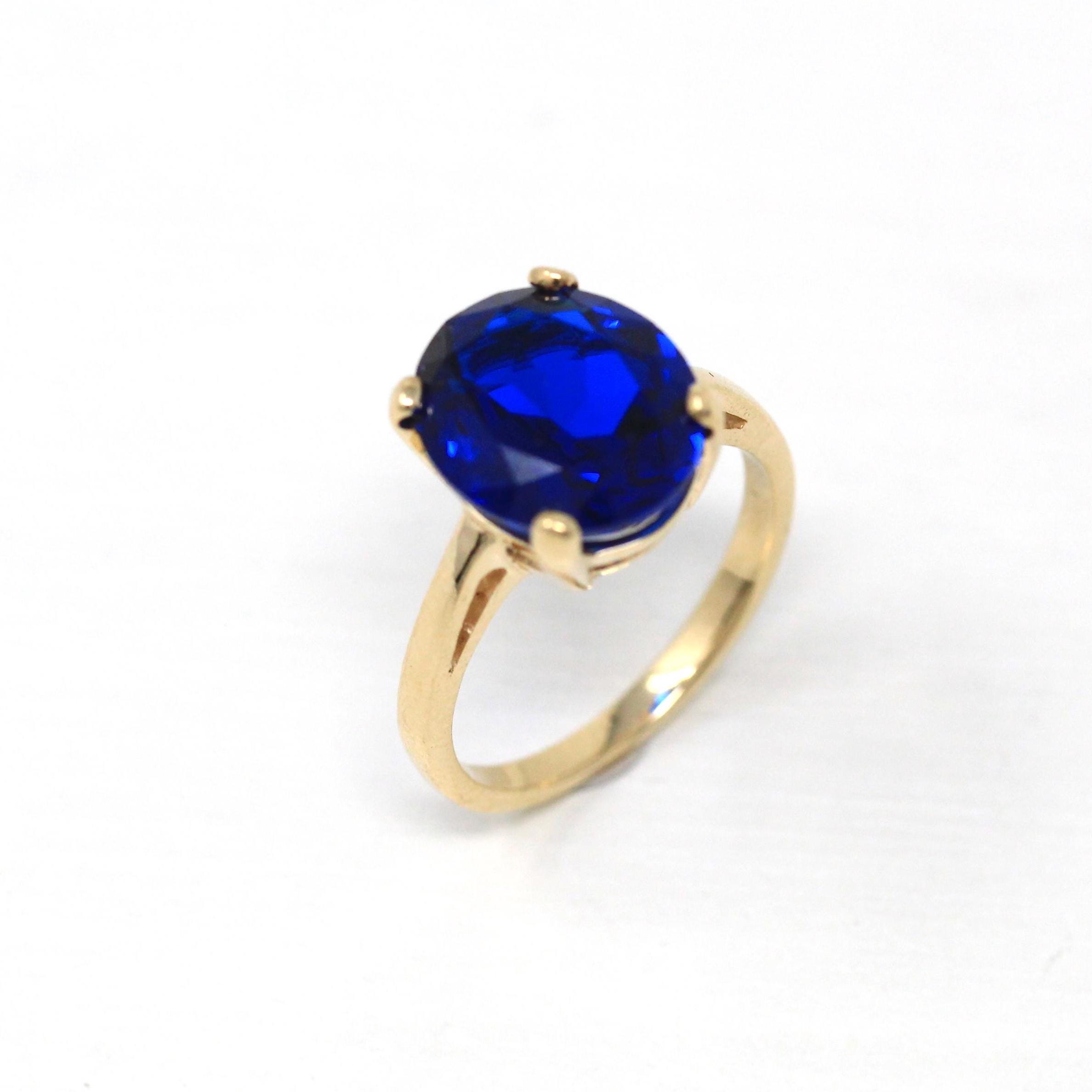 Created Spinel Ring - Retro 10k Yellow Gold Oval Faceted 4.86 CT Blue Stone - Vintage Circa 1960s Era Size 6 New Old Stock Fine 60s Jewelry