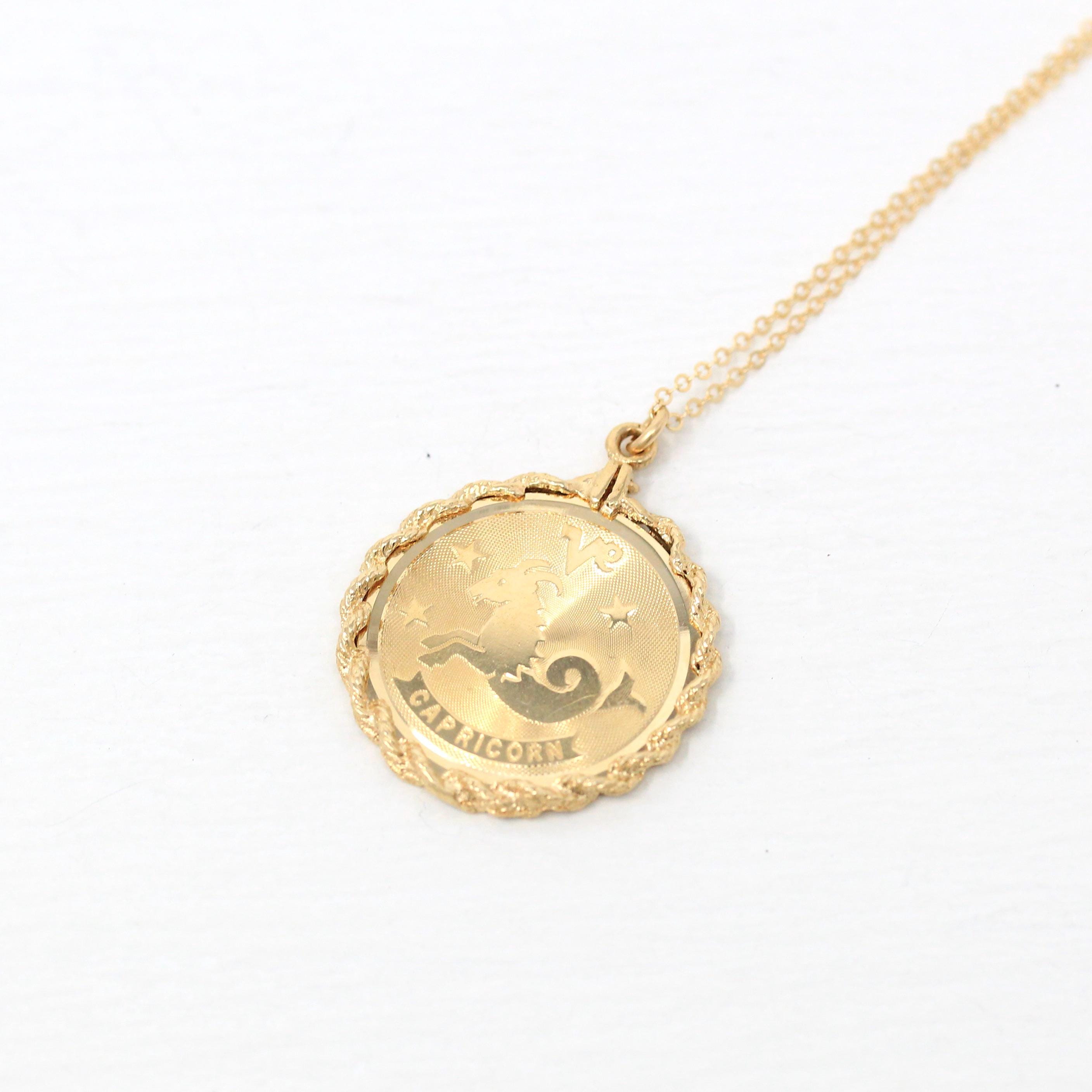 Vintage Capricorn Charm - Retro 14k Yellow Gold Sea Goat Astrological Sign Necklace - Circa 1970s Era Zodiac Earth Element Jewelry