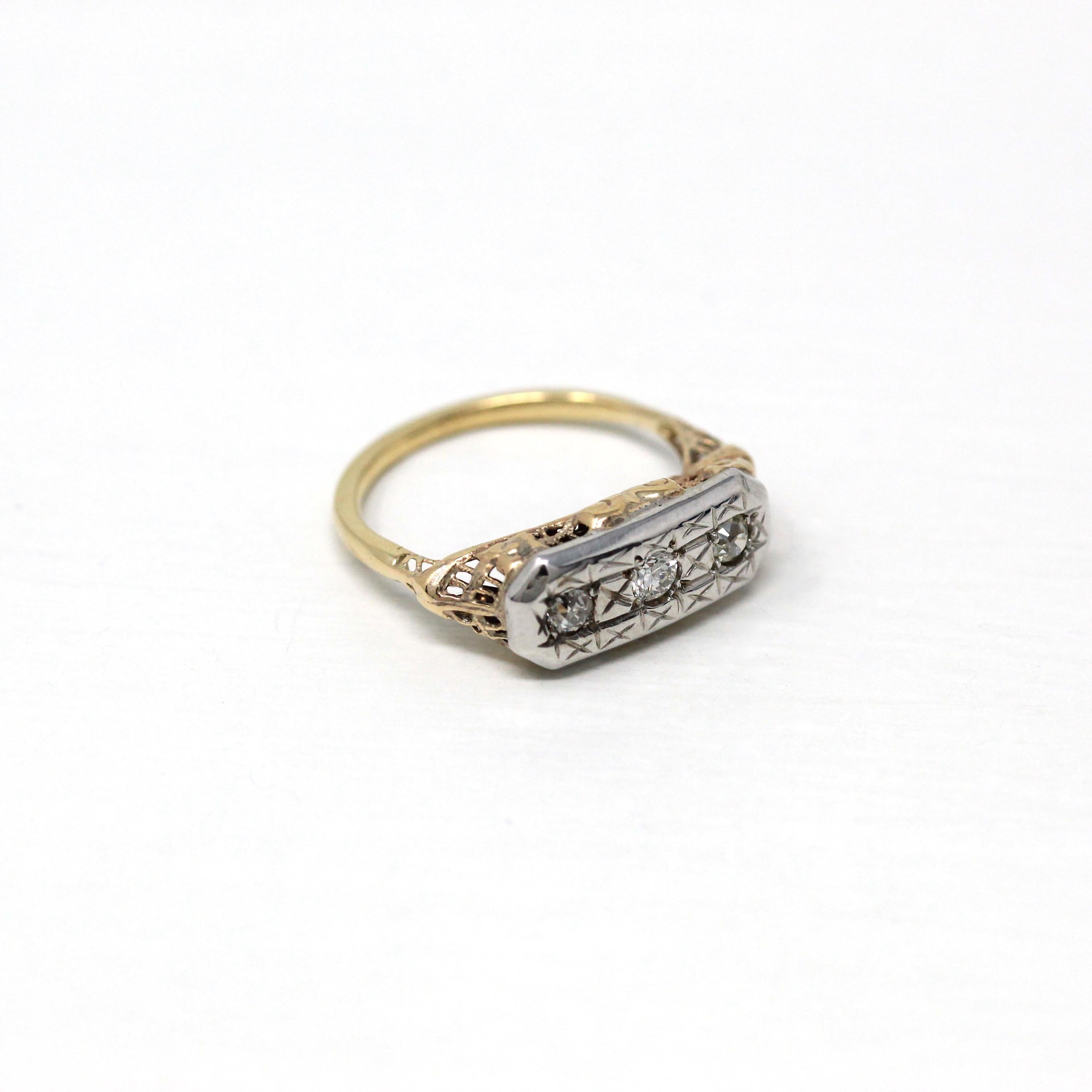 Art Deco Ring - Vintage 10k Yellow Gold Brilliant & Old Cut .24 CTW Diamonds - Circa 1930s Era Size 5 1/2 Filigree Three Stone Fine Jewelry