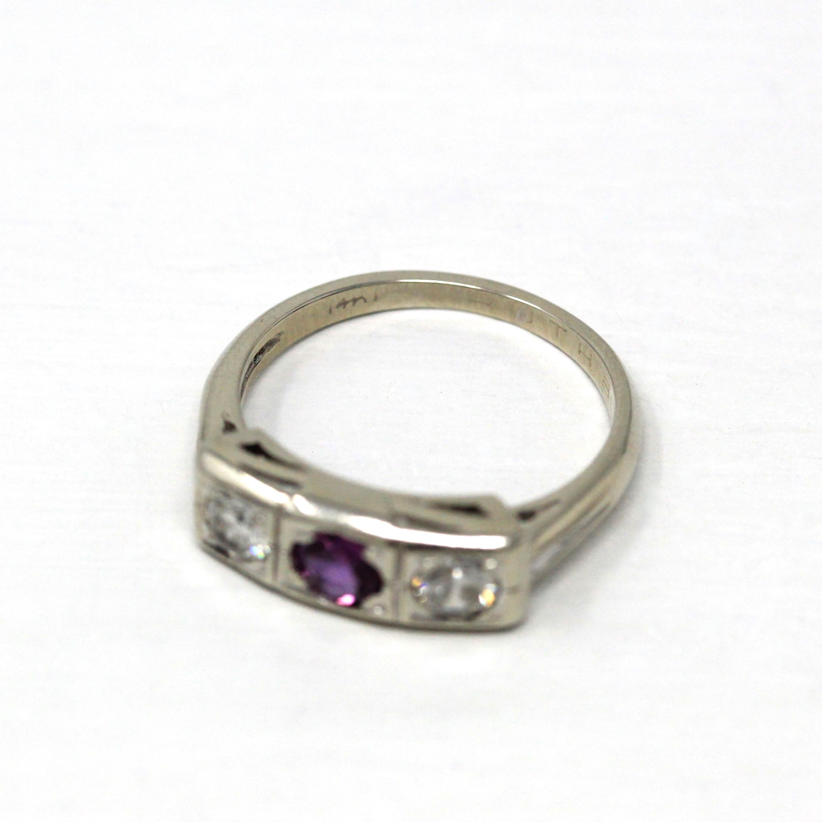 Mid Century Ring - Vintage 1950s 14k White Gold Created Pink Sapphire Genuine Diamond - Size 5 3/4 Three Gems Alternative Engagement Jewelry